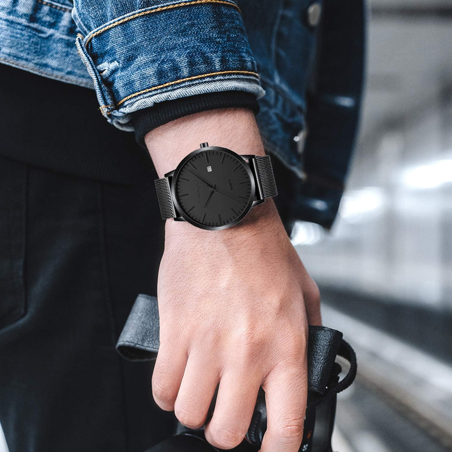 Detalle de CRRJU Herren-Uhr ultra dünn, wasserdicht mit schwarzem Edelstahl-Meshband – analog, Quarz