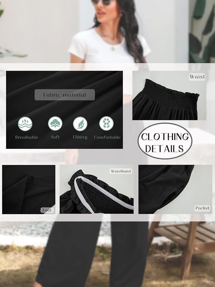 Detalle de Cicy Bell Damen Palazzo Hose – elastische Taille, gerader Schnitt, Taschen, locker und vielseitig