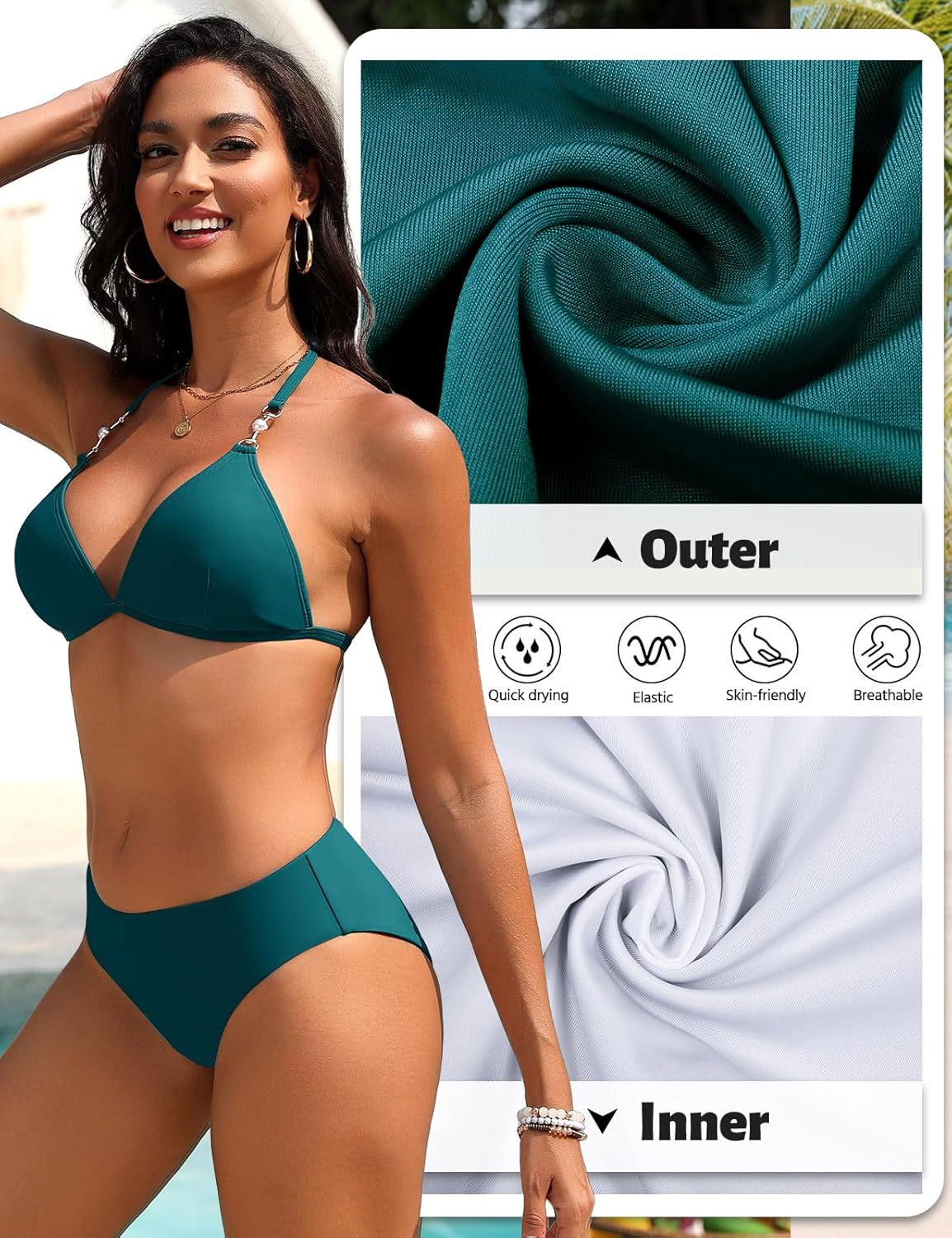 Detalle 2 de UMIPUBO Costume da Bagno Donna Due Pezzi con Perline Brasiliano — Bikini Triangolo con Regolazione e Coulisse