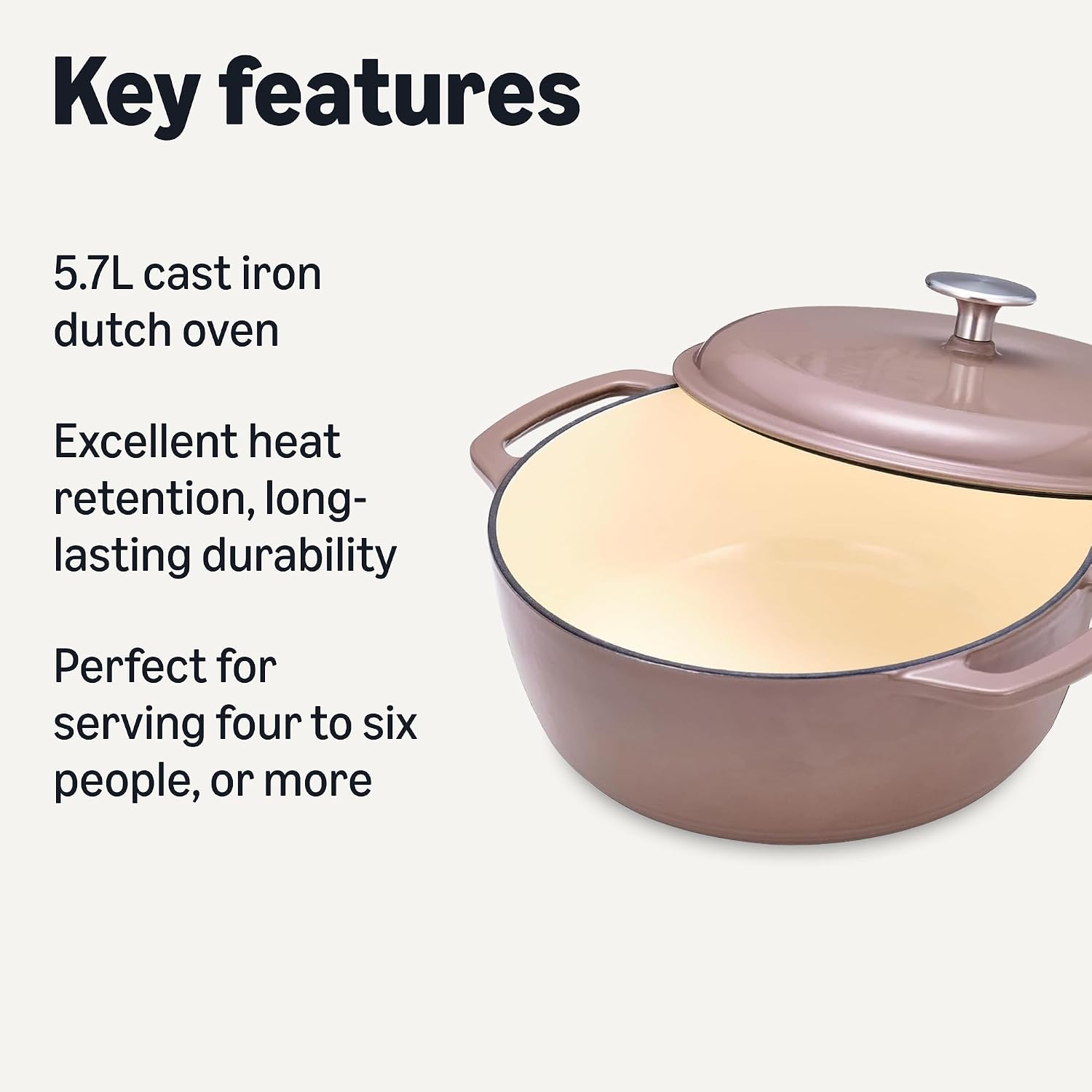 Detalle 2 de Amazon Basics Cast Iron Casserole Dish with Lid, Enamelled, 5.7 L