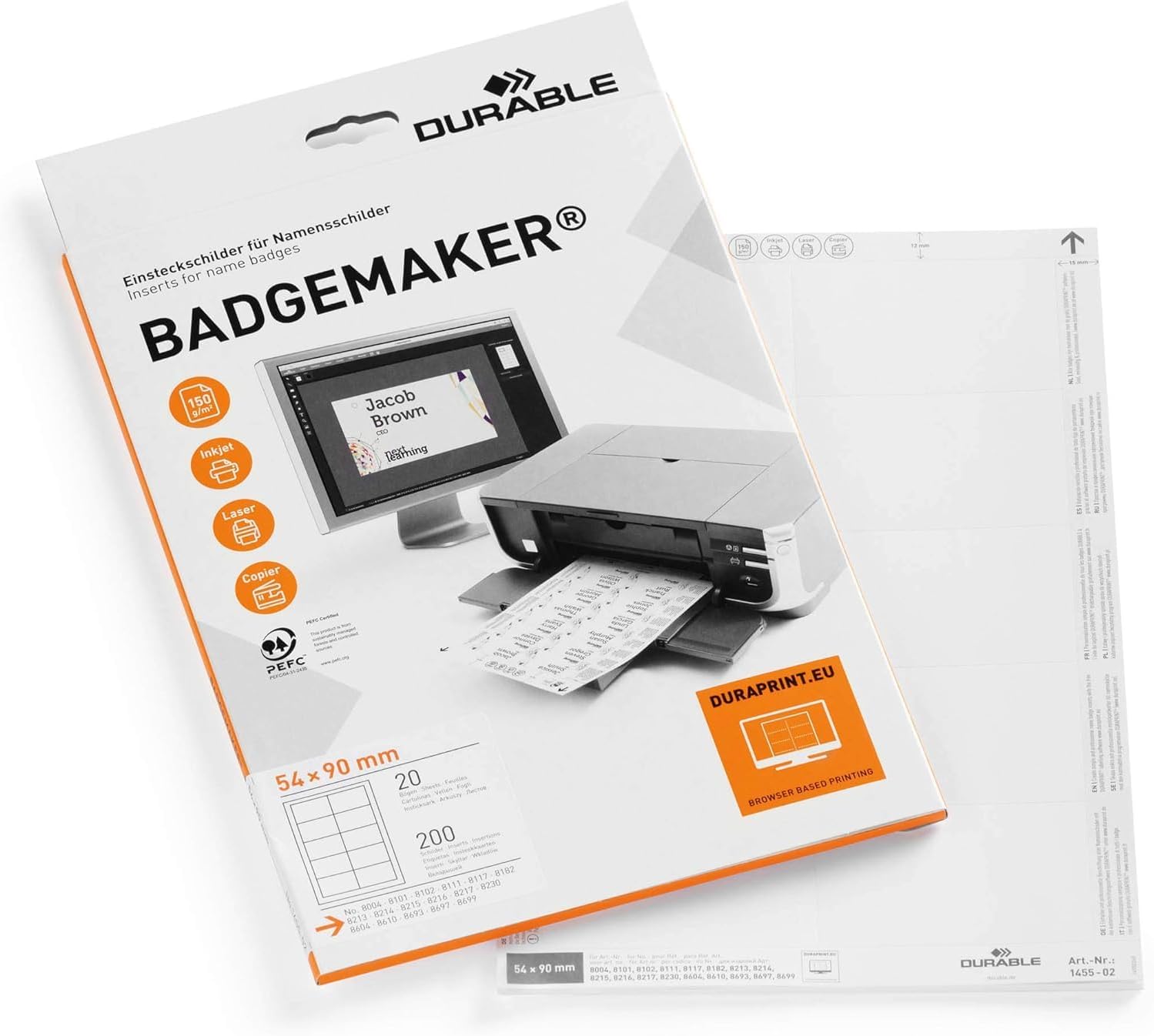 Durable 145502 Badgemaker: cartoncini inserto 54 x 90 mm, bianco, confezione da 200