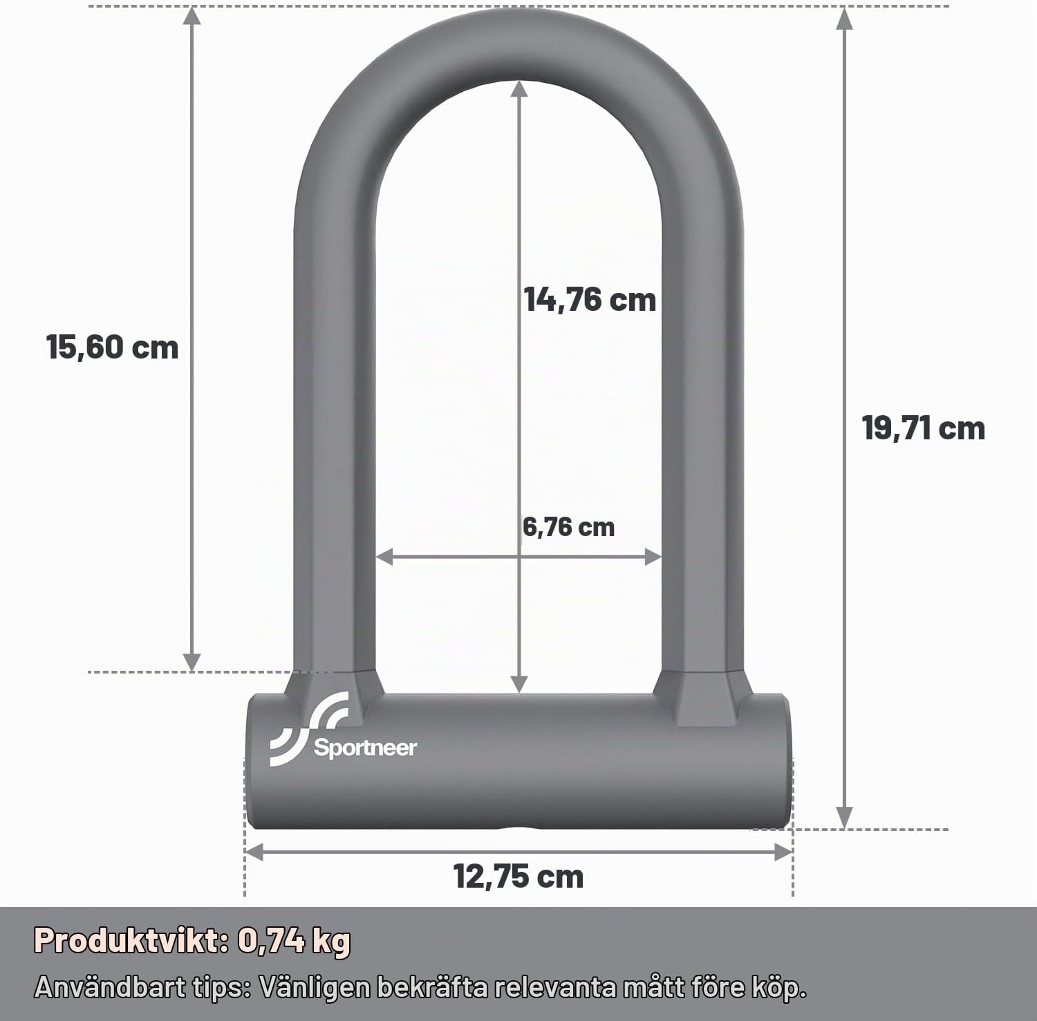 Detalle de Sportneer D-lås för cykel, 17 mm bygel med stålkabel och fäste