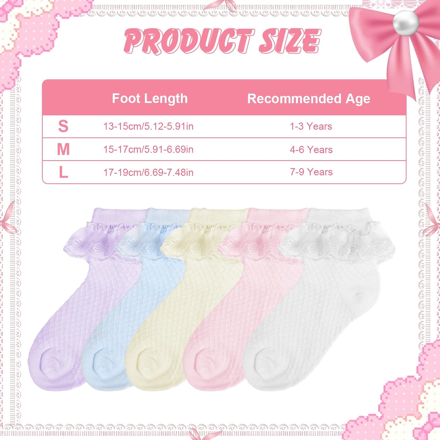 Thumbnail 1 de QKURT 6 Pairs Girls Frilly Ankle Socks with Multicolour Lace