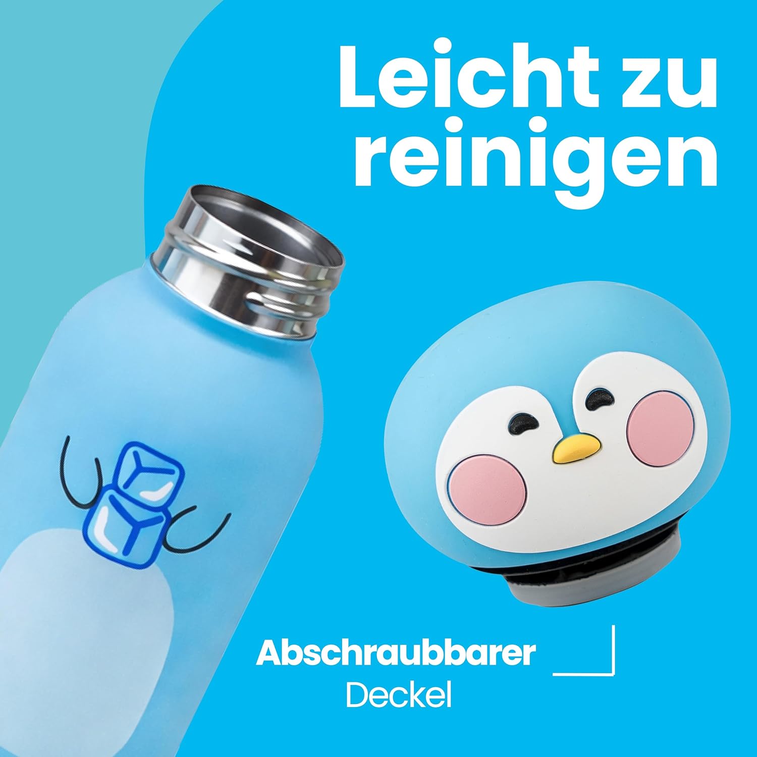 Thumbnail 5 de Cartomania Trinkflasche aus Edelstahl (350 ml) mit Silikondeckel – türkis mit Pinguin