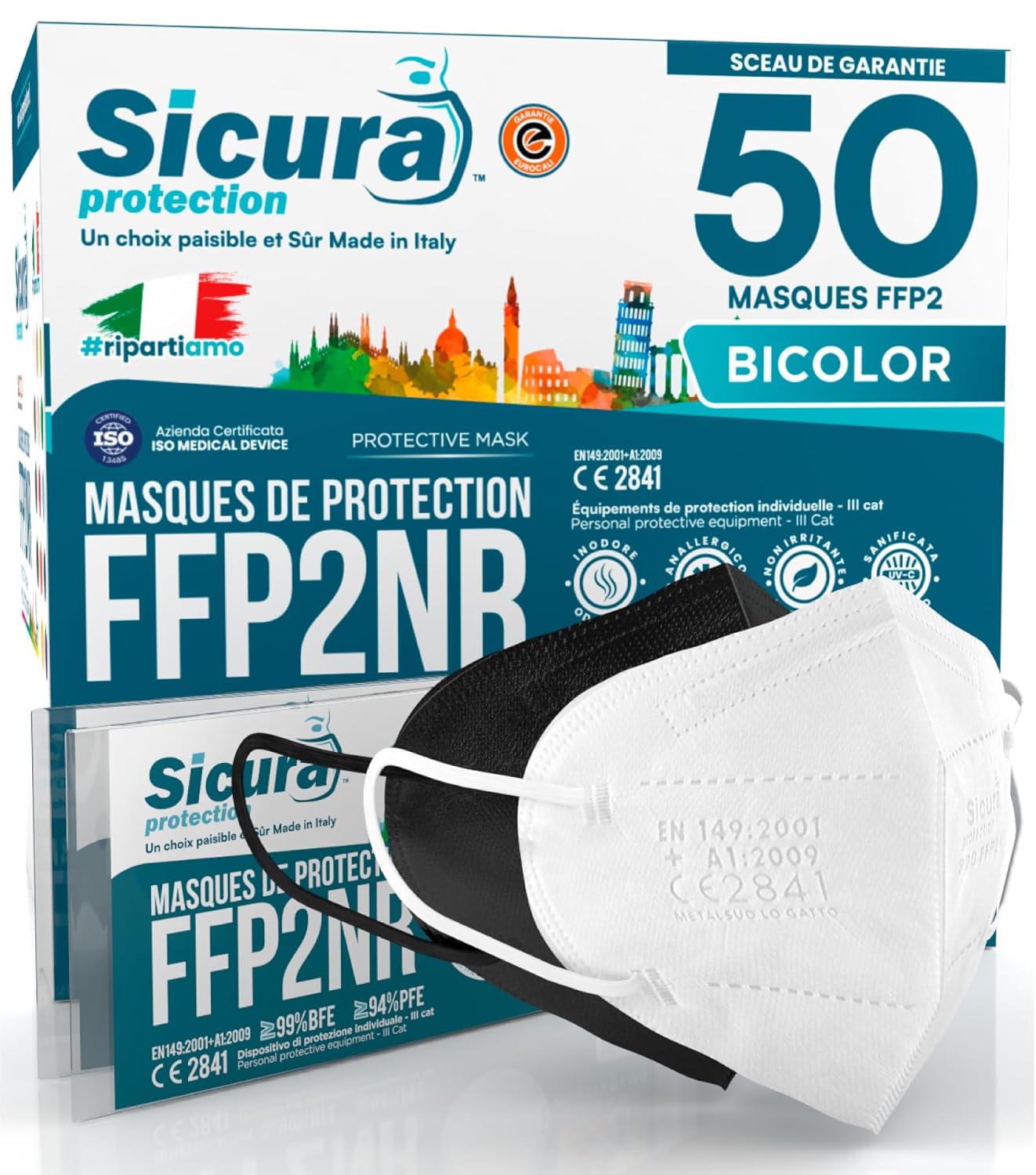 Masques FFP2 SICURA 50 pièces BFE ≥99%