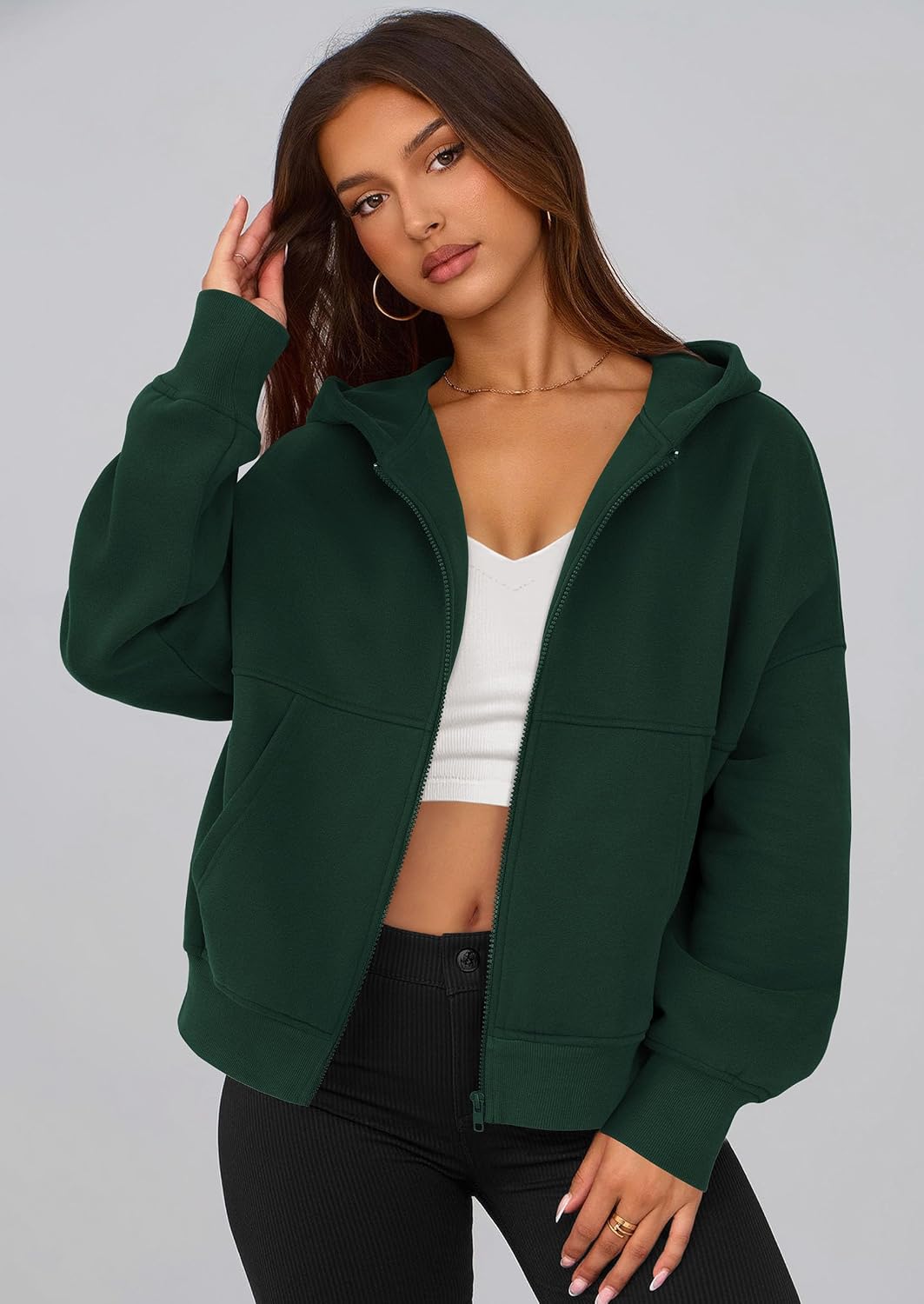 Detalle de PRETTYGARDEN Women's Zip-Up Hoodie in Cotton-Blend Fleece