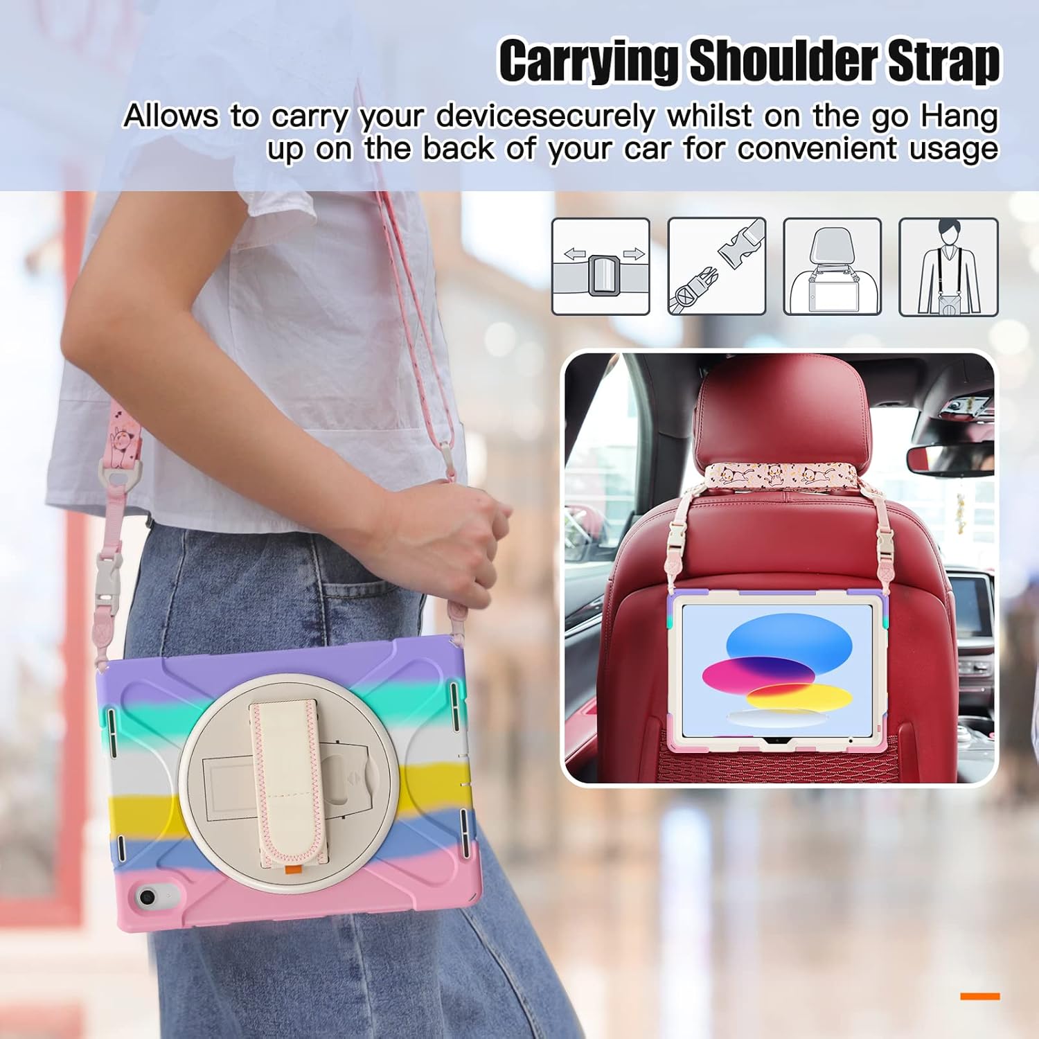 Thumbnail 5 de Gerutek Hülle für iPad (A16) 11./10. Generation – Stoßfeste 3‑in‑1 Schutzhülle mit 360° Drehständer, Handschlaufe und Schultergurt in Rosa