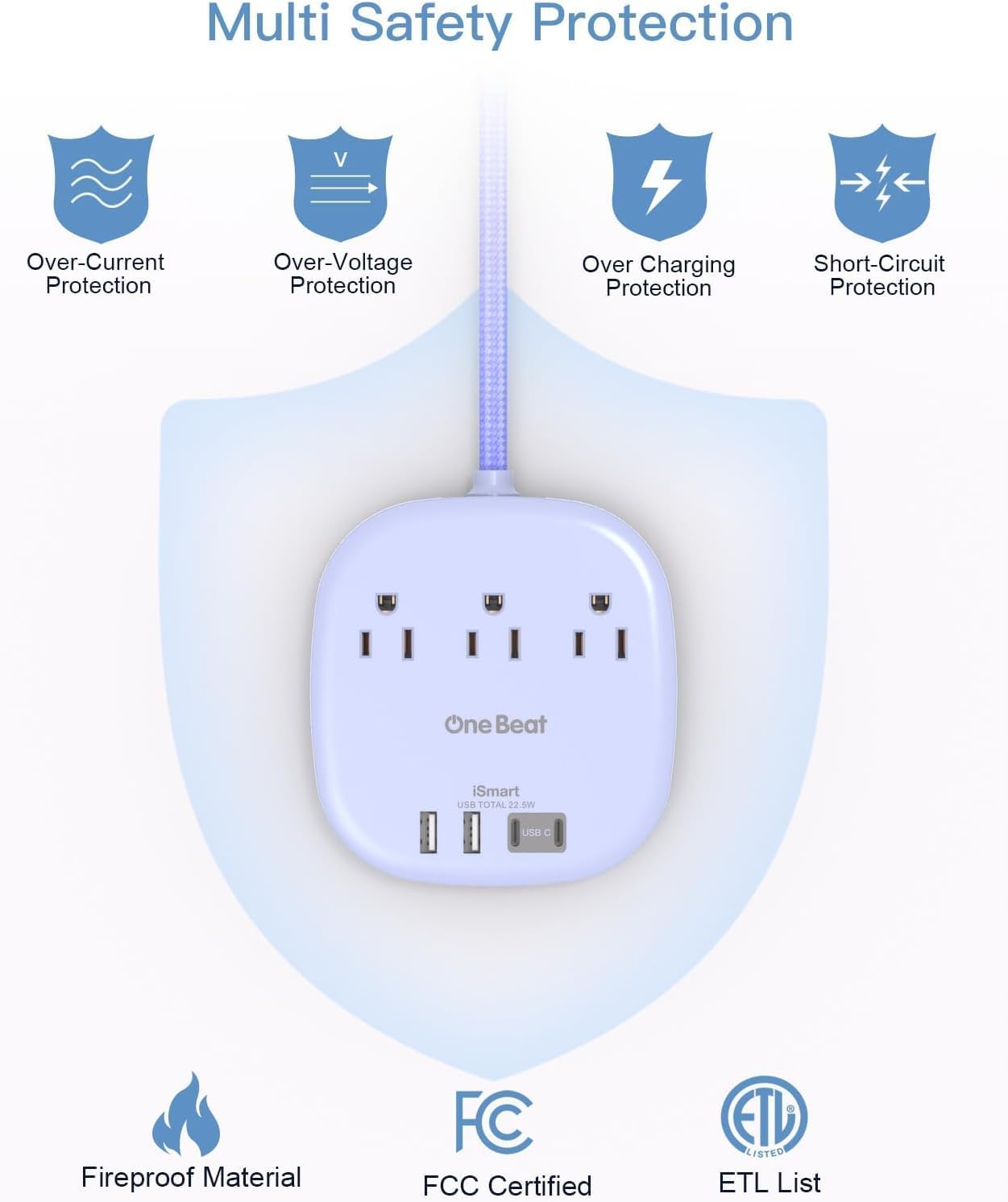 Detalle 2 de One Beat THUS03UC Power Bar, 6 ft Cord, Flat Plug, 3 Outlets and 4 USB Ports