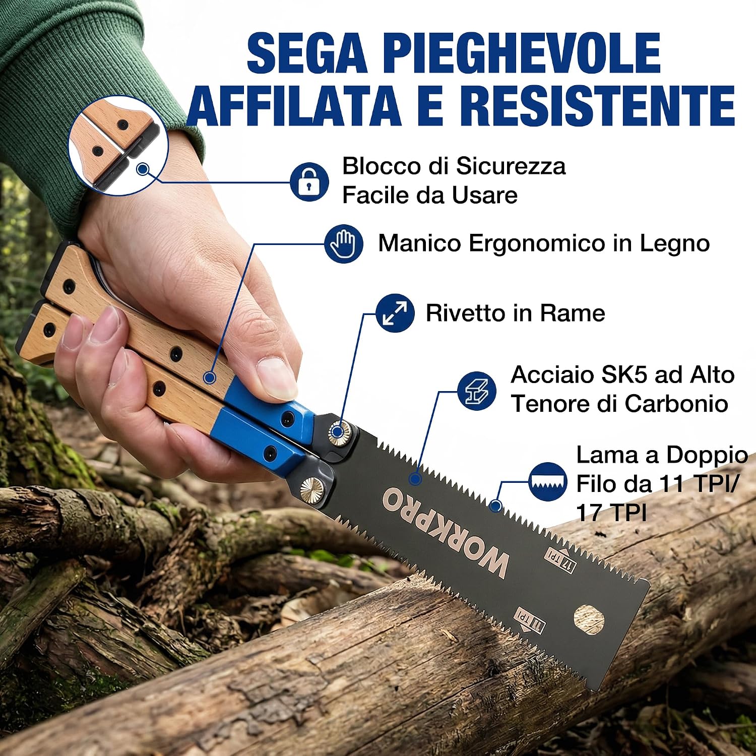 Detalle 2 de WORKPRO Sega Sega Giapponese Pieghevole 310 mm, Doppio Filo 11/17 TPI – Lama SK5, Manico in Faggio