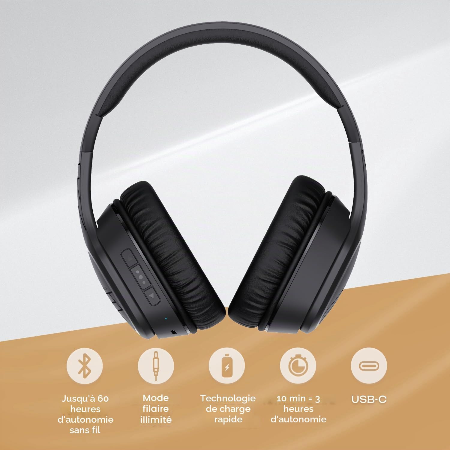 Thumbnail 2 de PowerLocus Casque Bluetooth sans Fil – 60 Heures d’autonomie, micro, pliable et confort sur l’oreille