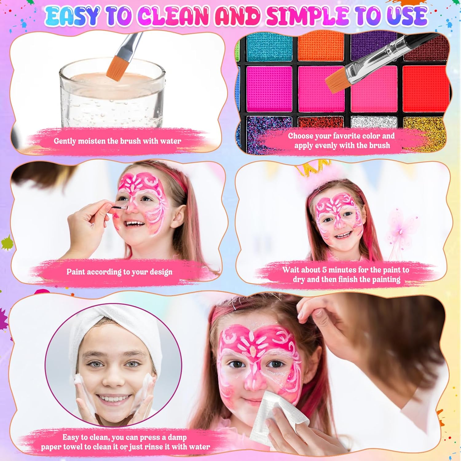 Thumbnail 3 de Gigmeta Kinderschminke Set – 54 Farben, Pinsel, Schablonen und Diamant-Sticker für Theater, Halloween und Bodypainting