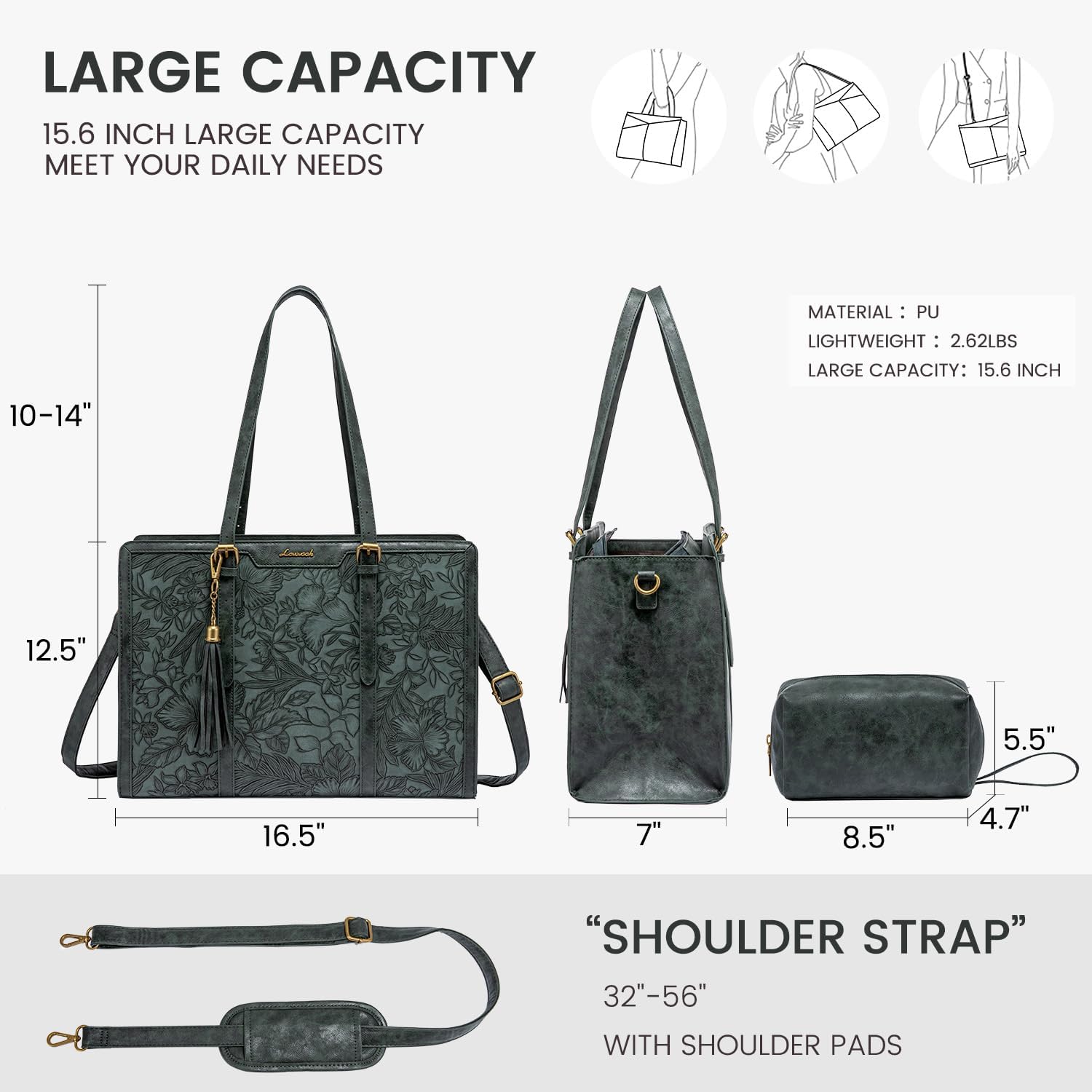Thumbnail 5 de LOVEVOOK Vintage Leather Laptop Bag for Women (15.6-inch) with Clutch Purse