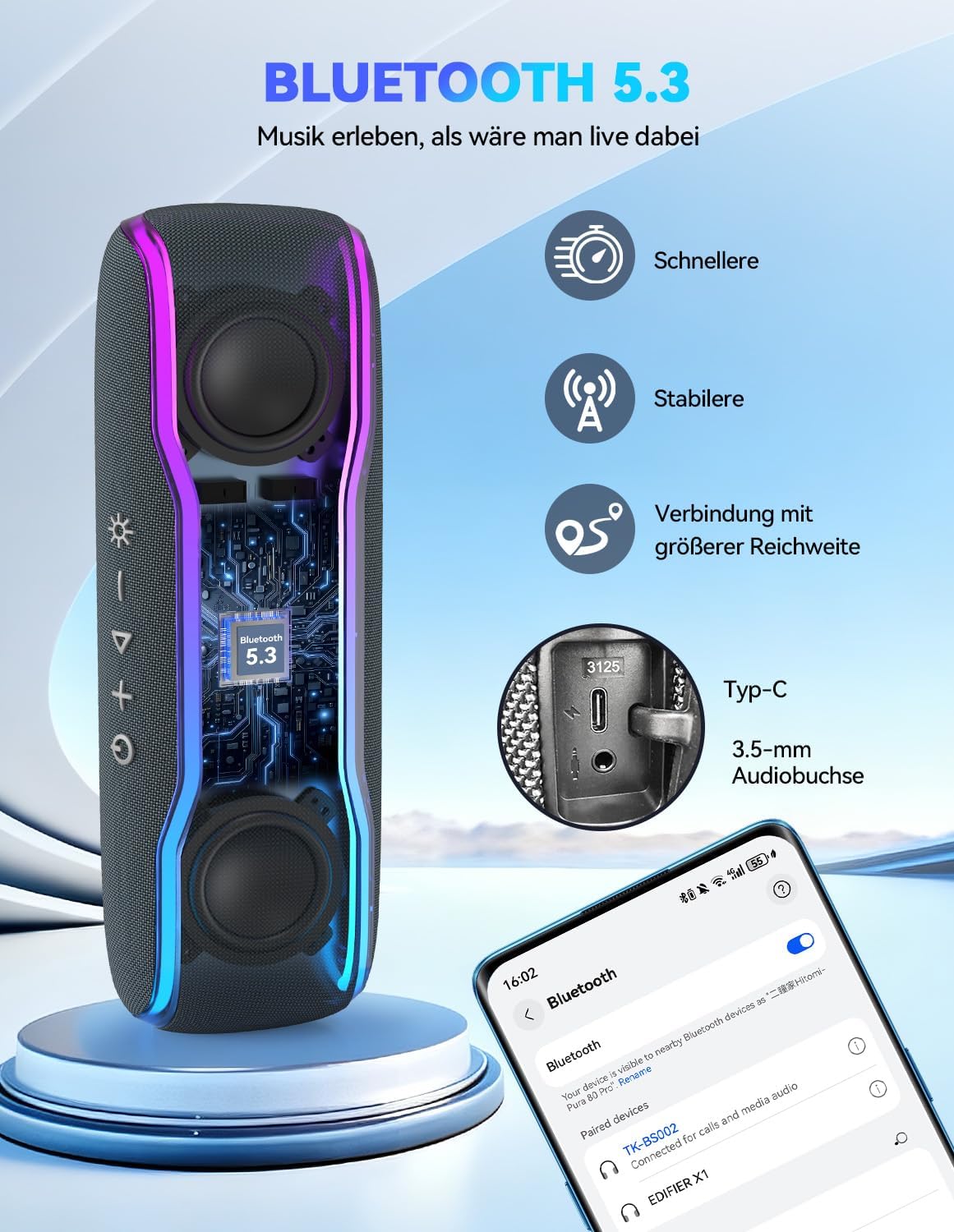 Thumbnail 6 de TECKNET Bluetooth Lautsprecher mit Licht, IPX7, 30 W, Bluetooth 5.3 – Tragbar, für Outdoor-Events