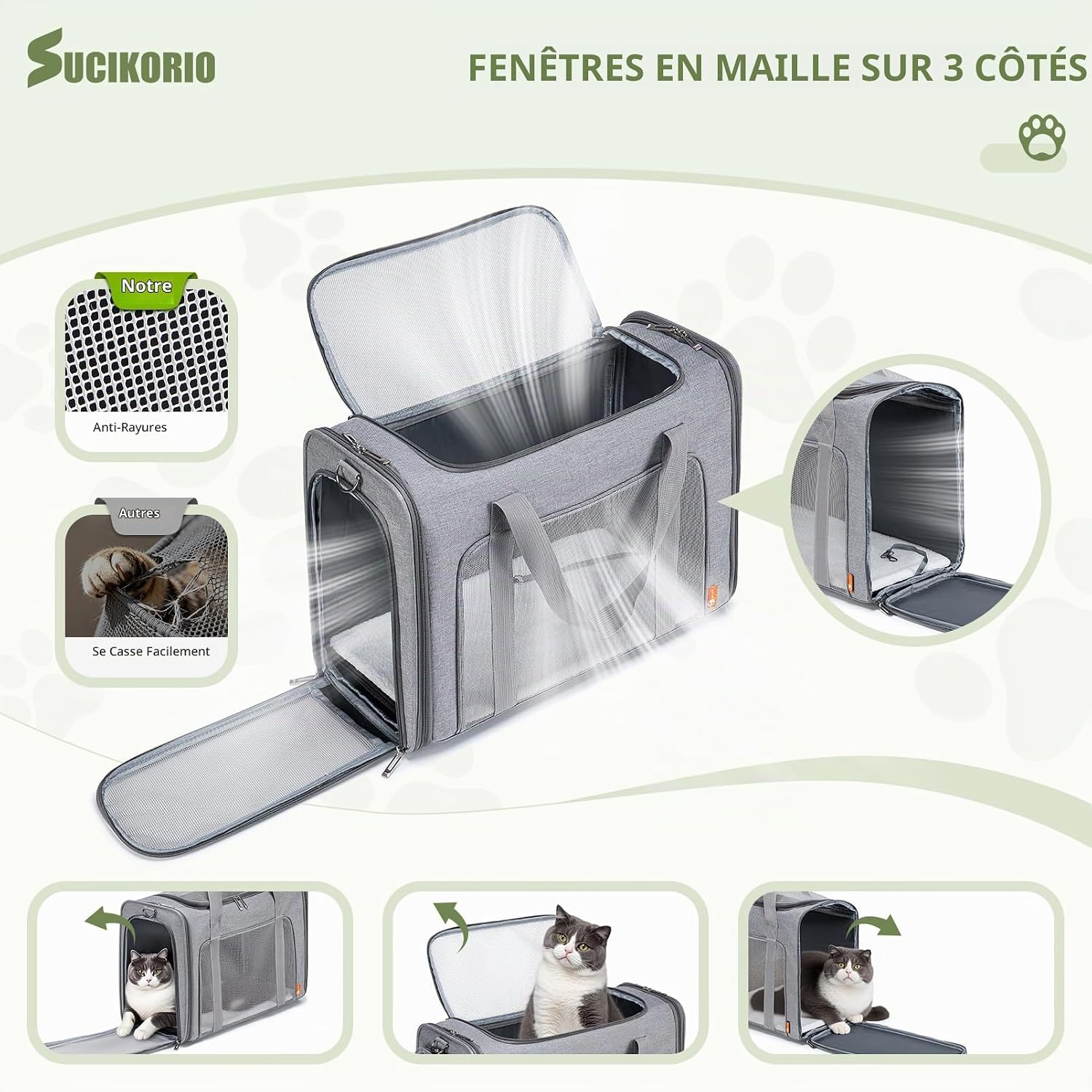 Detalle de SUCIKORIO B1031-Khaki transporttas voor katten en kleine honden, opvouwbaar, 55 x 40 x 23 cm