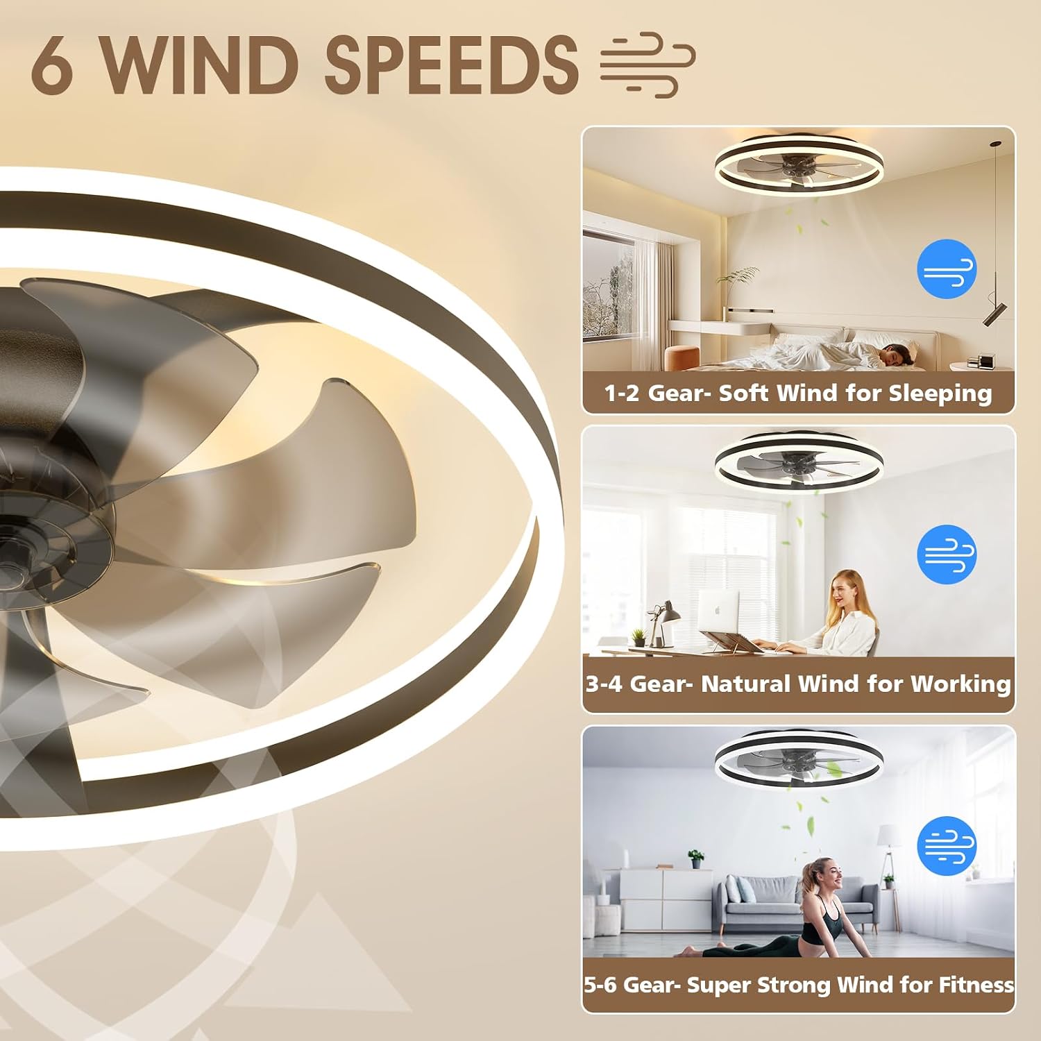 Thumbnail 3 de NIORSUN 60cm Smart LED Ceiling Fan with Lights and Remote (6 Speeds, Dimmable 3000K–6500K) — Black