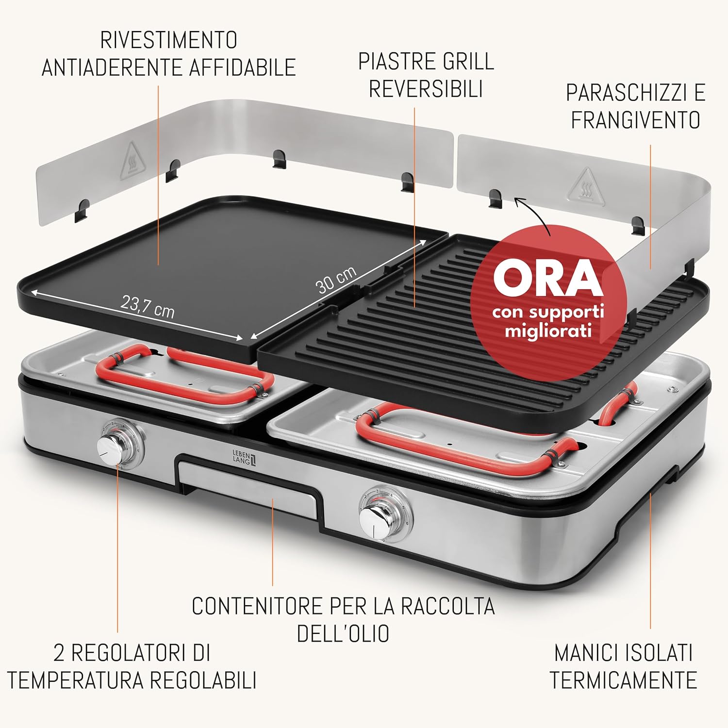 Detalle de LEBENLANG griglia elettrica XXL 2400W con pinze e paraspruzzi (uso interno ed esterno)