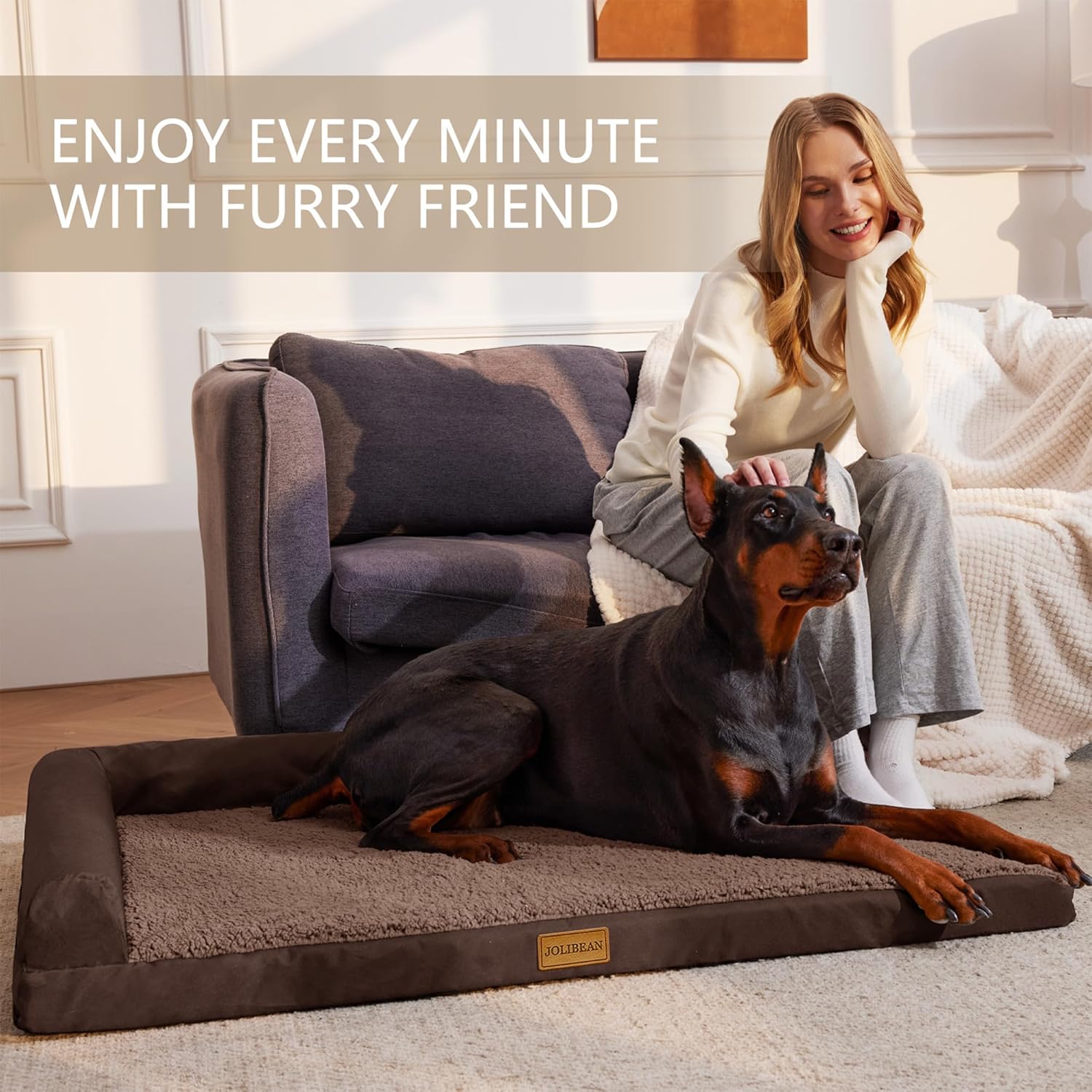 Detalle de Jolibean Orthopedic Jumbo Dog Bed for Extra Large Dogs (142 x 100 cm) – Waterproof L‑Shaped Sofa Bed with Removable Cover