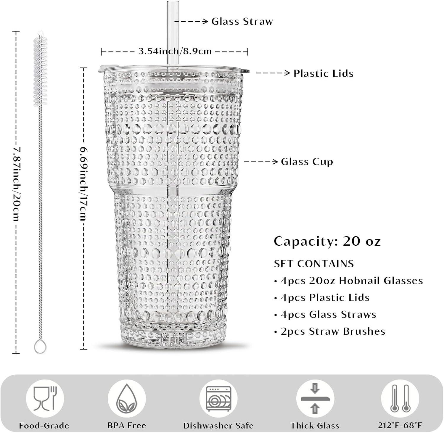 Detalle de INSETLAN 20oz Hobnail Glass Cups with Lids and Glass Straws — 4 Pieces