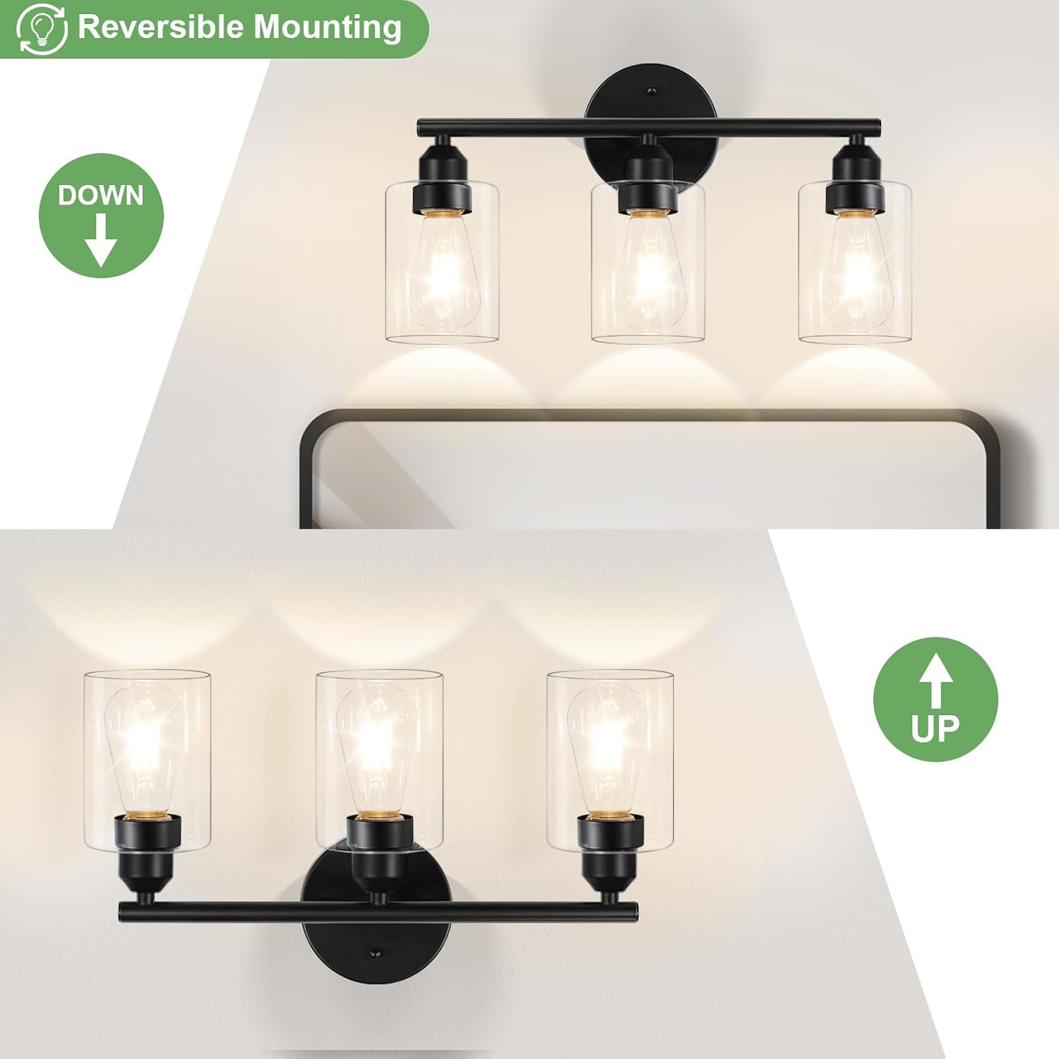 Detalle de Percantis WL1-01 3-Light Bathroom Vanity Light, Black Metal, Clear Glass Shades