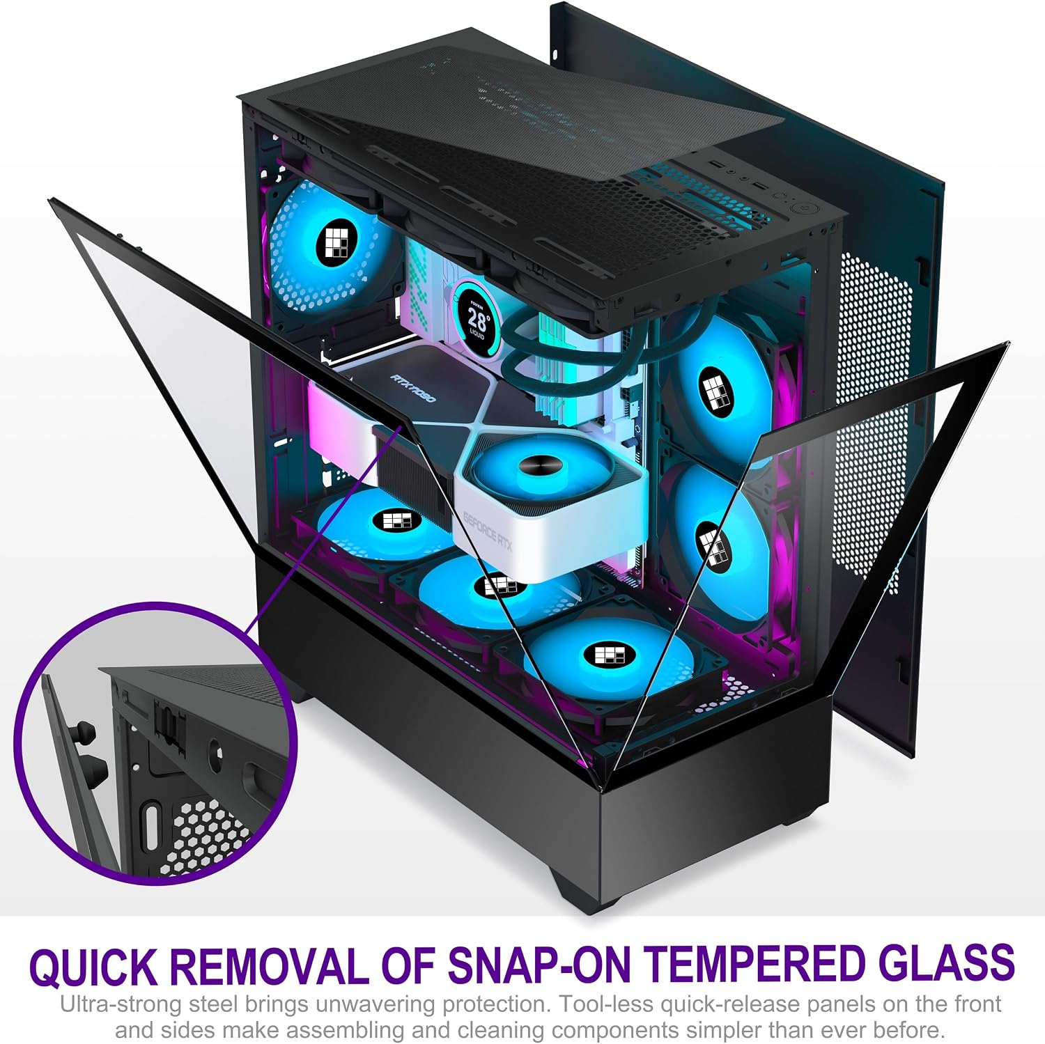 Detalle 2 de FOIFKIN F1 ATX PC Case – 6 PWM ARGB Fans, 270° Panorama Tempered Glass, ATX Mid-Tower