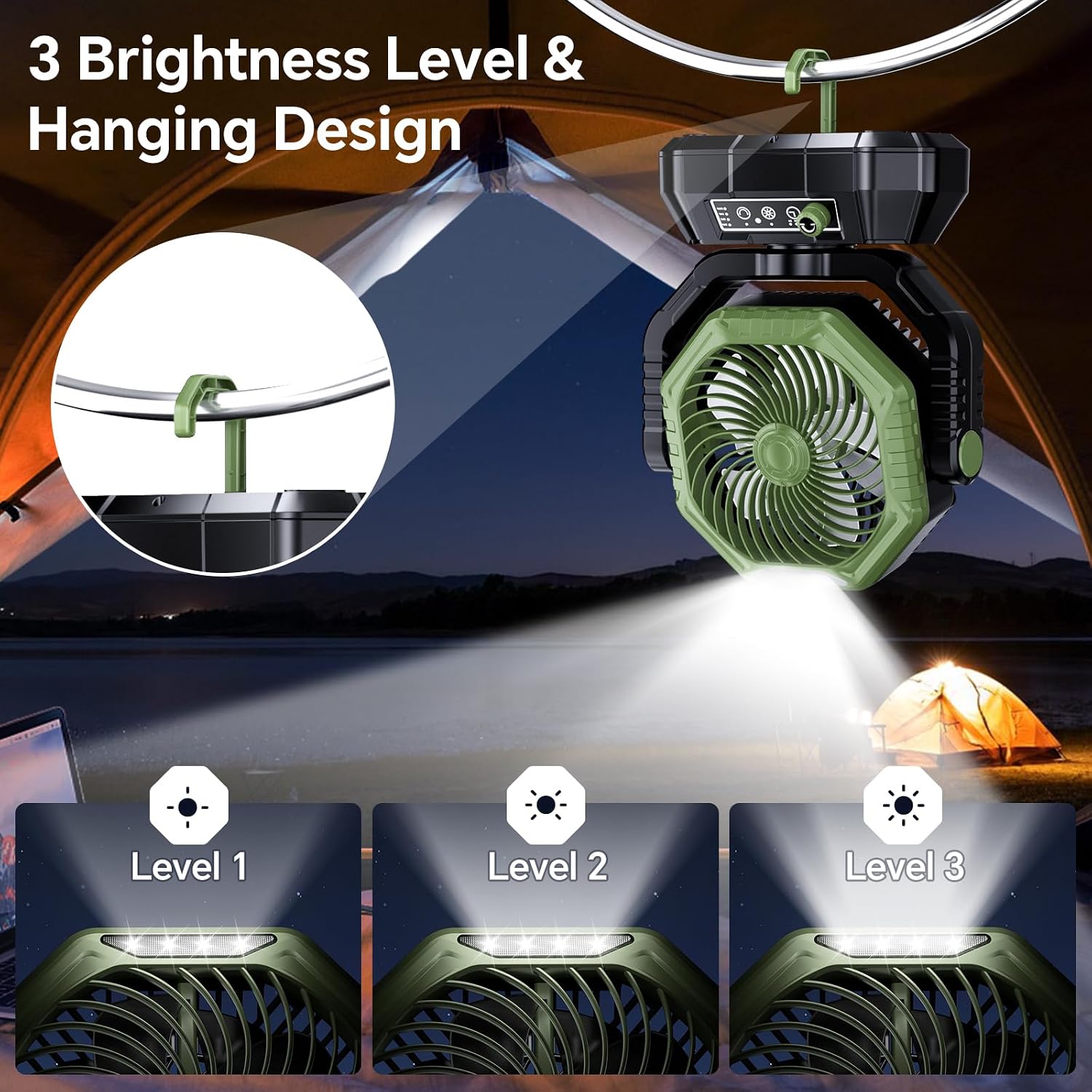 Detalle de Camping Fan with 20000mAh Battery, LED Light & 270° Tilt – Green