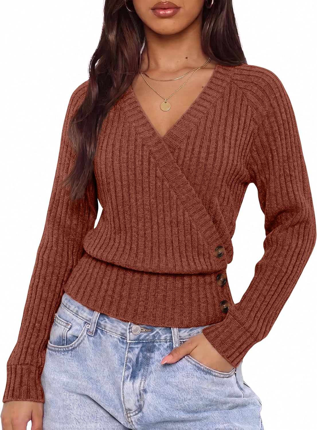 Detalle de OFEEFAN Women's Long-Sleeve Wrap Top, Ribbed Knit
