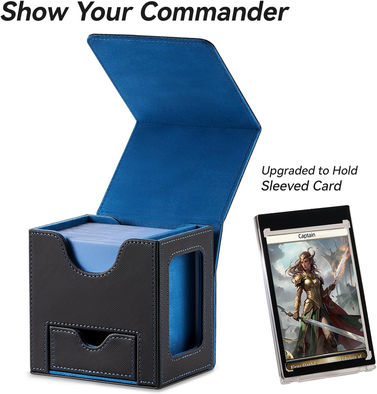 Thumbnail 1 de Mage Tech Commander Deck Box with 35pt Holder, Brick & Dice Tray (Black/Blue) — Fits 100 Double-Sleeved MTG Cards