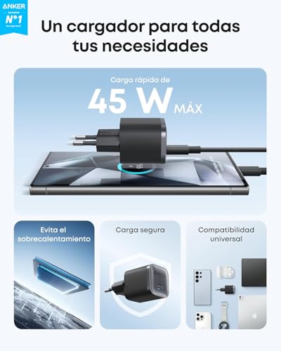 Detalle 2 de Anker Nano 45 W Cargador USB-C con cable incluido: carga rápida y portable para Samsung, Apple y más