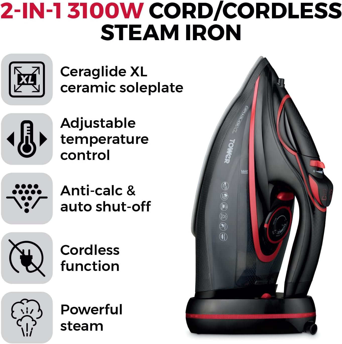 Thumbnail 1 de Tower Cordless Steam Iron 3100W (T22035RED): Corded or Cordless with XL Ceraglide Soleplate