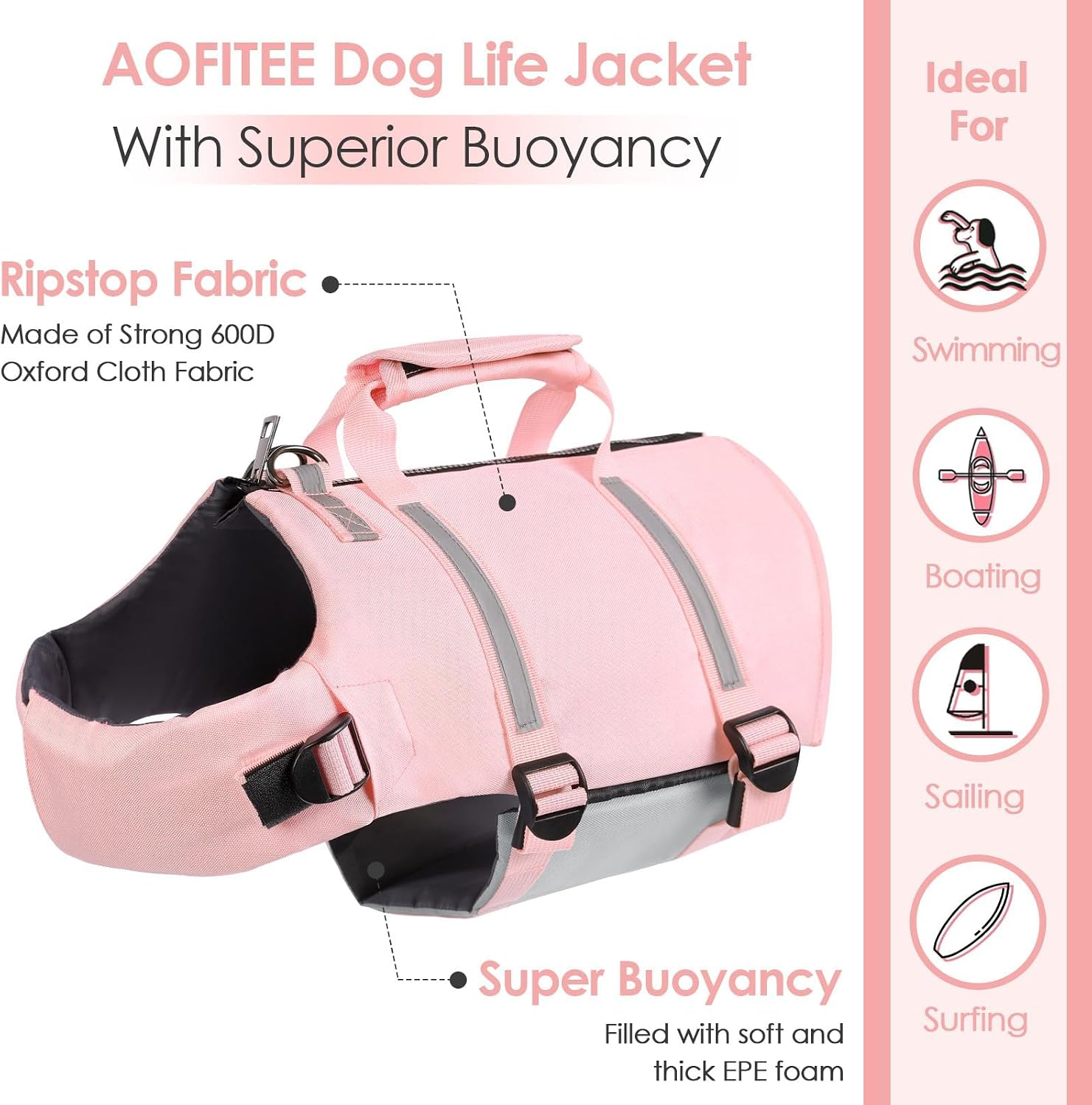 Detalle de AOFITEE Gilet de Sauvetage pour Chien – Réglable, Haute Flottaison avec Poignée et Fermeture Éclair