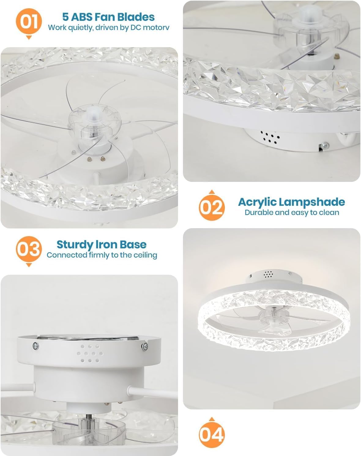 Thumbnail 4 de Modern ceiling fan with light, 30" low profile flush mount fandelier with remote & app control