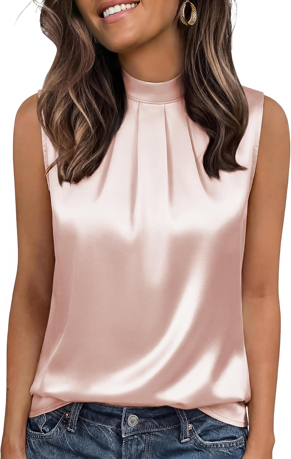 Imagen de Funlingo Women's Silk Satin Tank Tops Mock Neck Camisole Dressy Sleeveless Blouse en OfertitasTOP