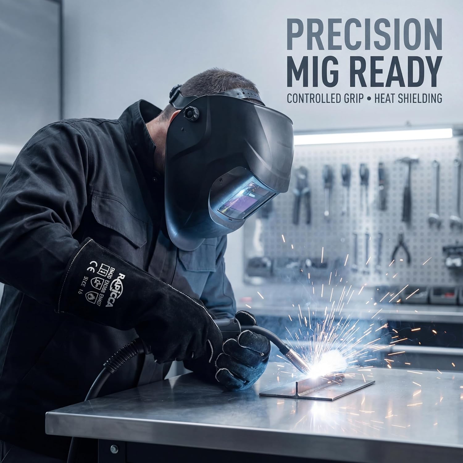 Thumbnail 1 de RAPICCA Welding Gloves Fire Heat Resistant (Black, 16in) – Double-layer fireproof leather for MIG, Stick & forge work