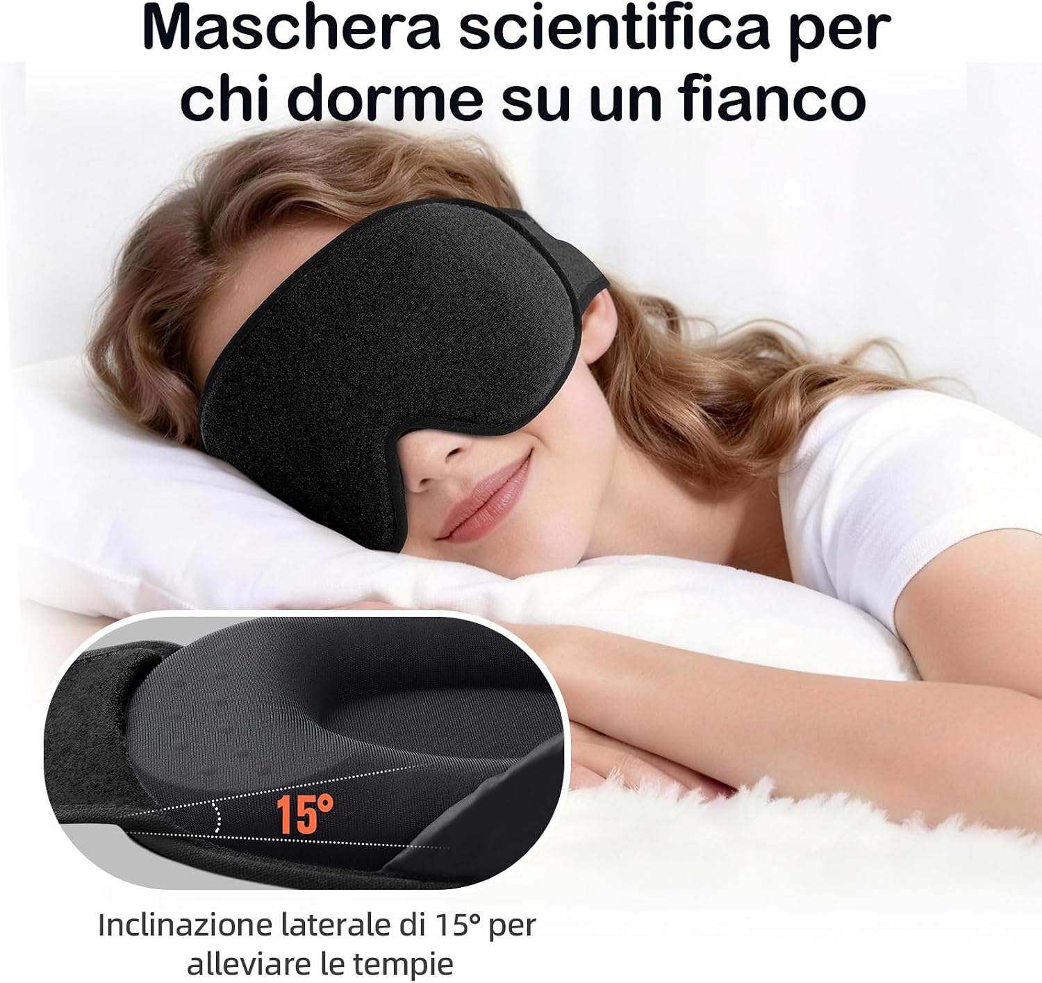 Detalle 2 de INNELO Mascherina per dormire 3D in cotone, nero, regolabile per chi dorme sul fianco