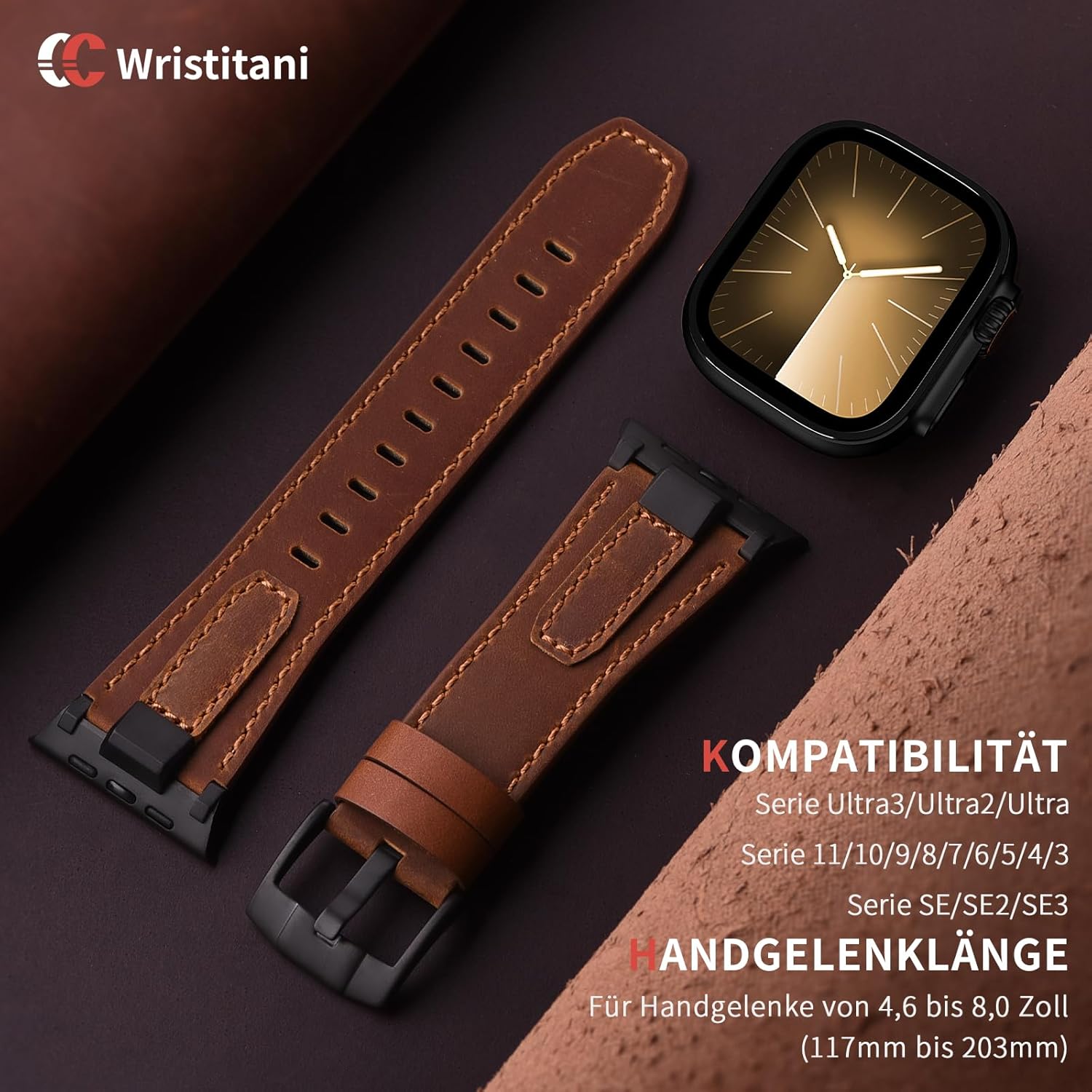 Thumbnail 4 de Wristitani Lederarmband aus echtem Leder für Apple Watch (49/46/45/44/42 mm)