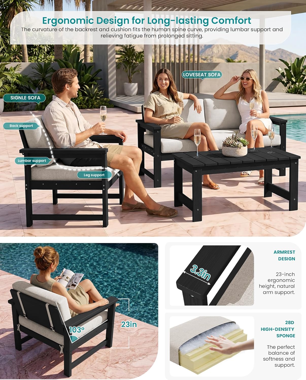 Detalle de SERWALL A111-046 8-Piece HDPE Outdoor Sofa Set with Khaki Cushions