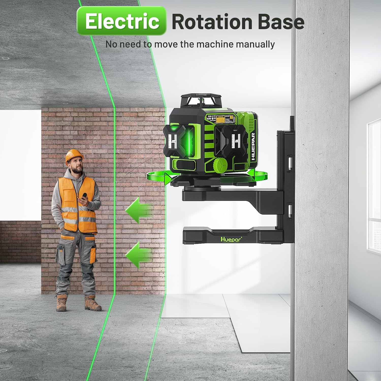 Detalle de Huepar W03CG New Construction 3D 3x360 Green Laser Level (Bluetooth, Electric 360° Base & Large LCD)