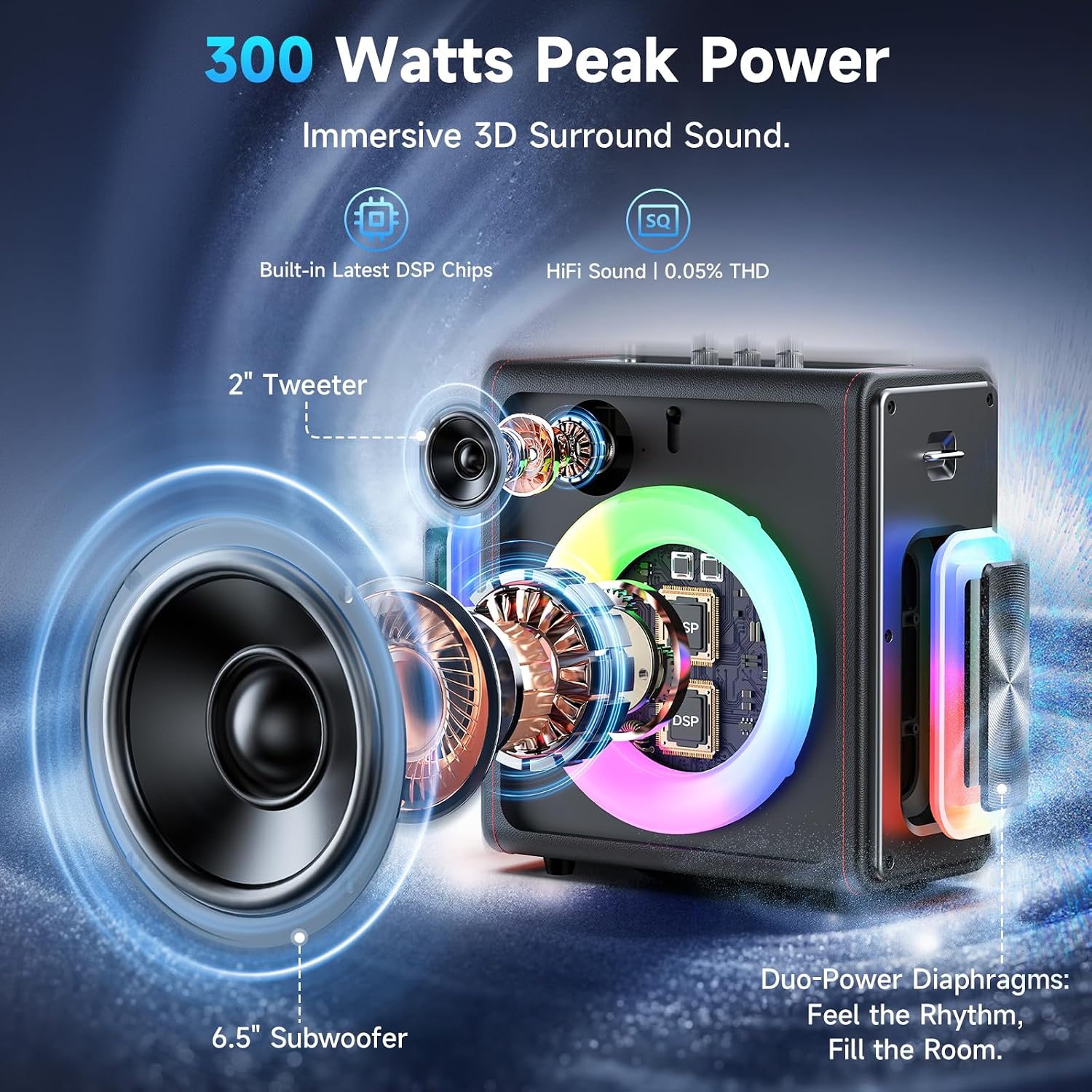 Detalle 2 de PPMIC MS75-T Karaoke Machine, 300W PA System, 3 Wireless Mics, Bluetooth 5.3