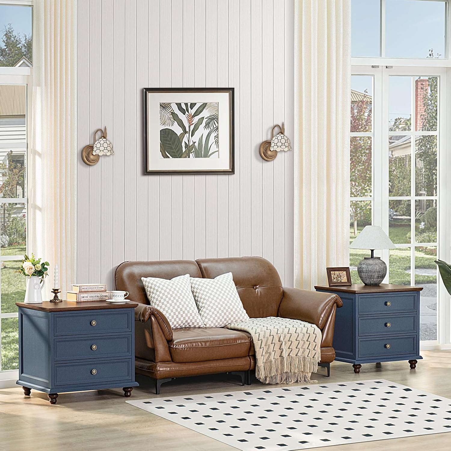 Detalle 1 de Joaxswe Model 1 Farmhouse Nightstand Set of 2, Navy Blue, 3 Drawers