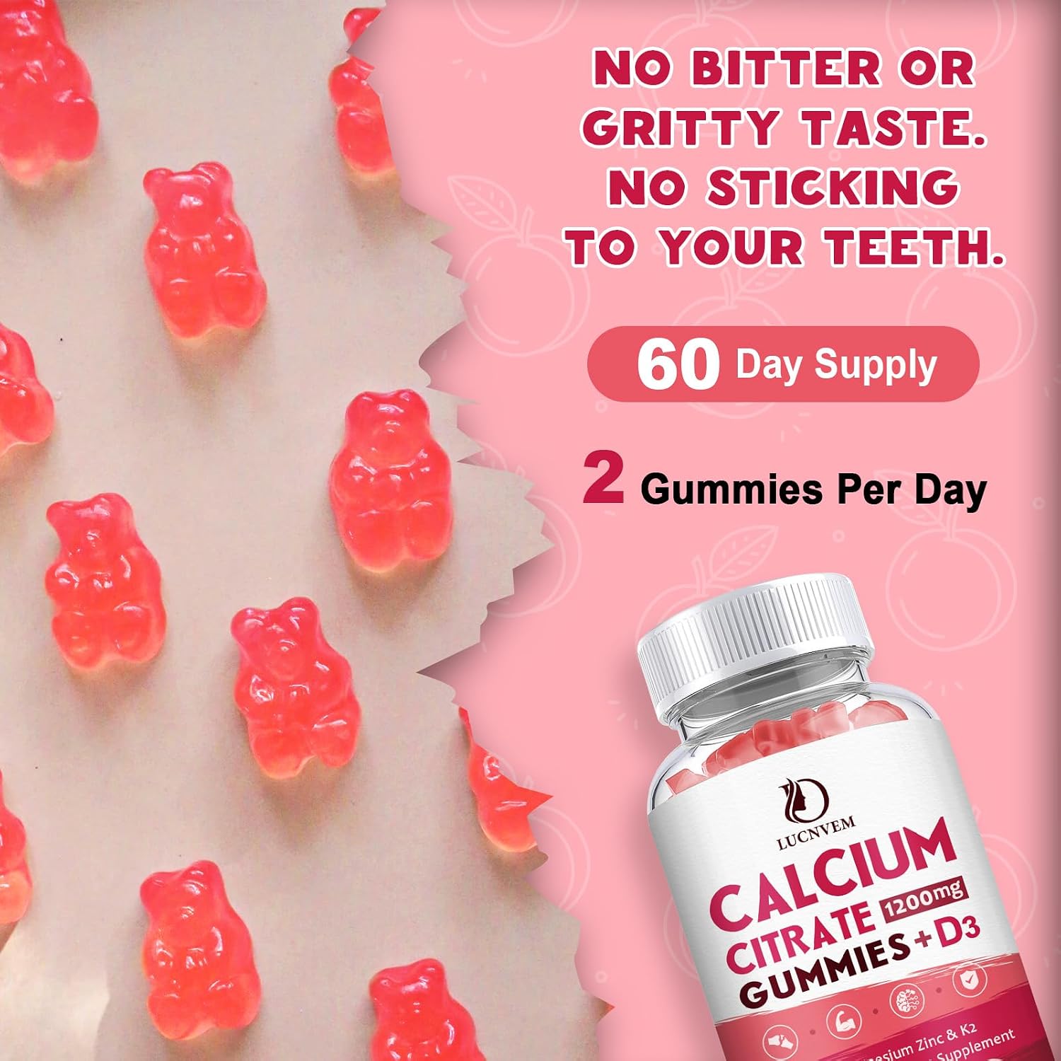 Detalle de LUCNVEM Calcium Citrate Gummies, Peach Flavor with Vitamins D3 and K2