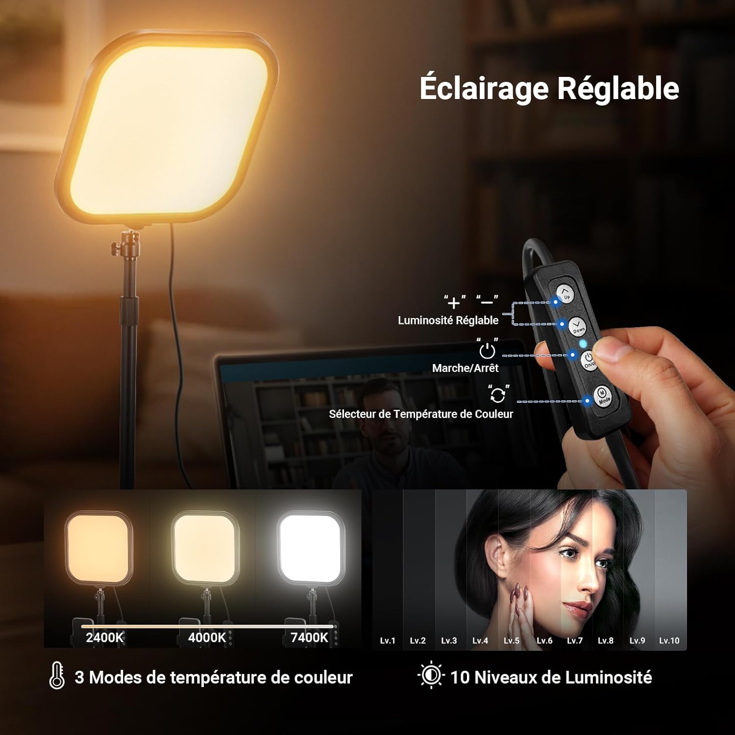 Detalle de NEEWER Basics Pack de 2 lampes de visioconférence 10,8" (15W) avec support téléphone