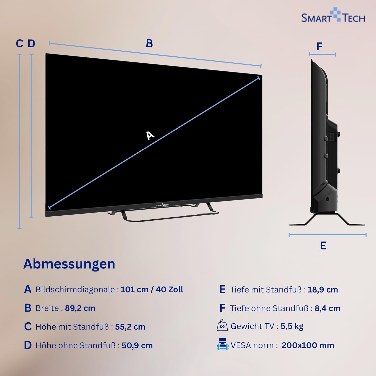 Detalle de Smart Tech 40FV02V: 40 Zoll Full HD Smart TV mit VIDAA, Triple-Tuner & Dolby Audio