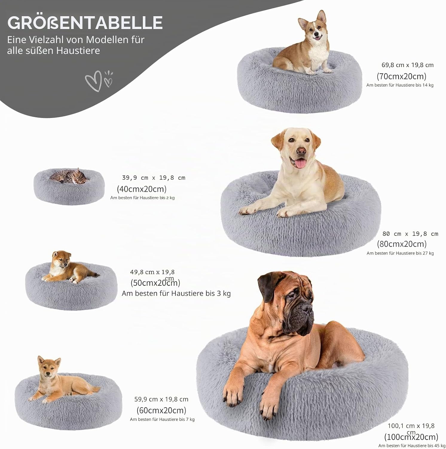 Detalle 2 de BVAGSS Rundes Hundebett/Katzenbett Donut – Flauschig, Waschbar, 50 cm Durchmesser, Hellgrau