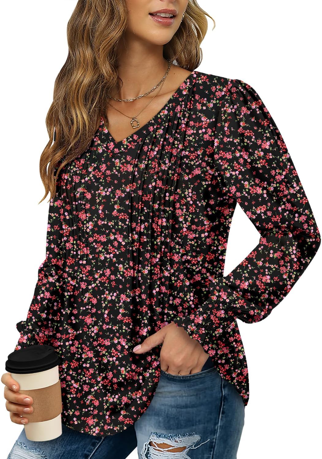 Detalle 2 de onlypuff Women's V-Neck Tunic Top with Pleats and Puff Sleeves
