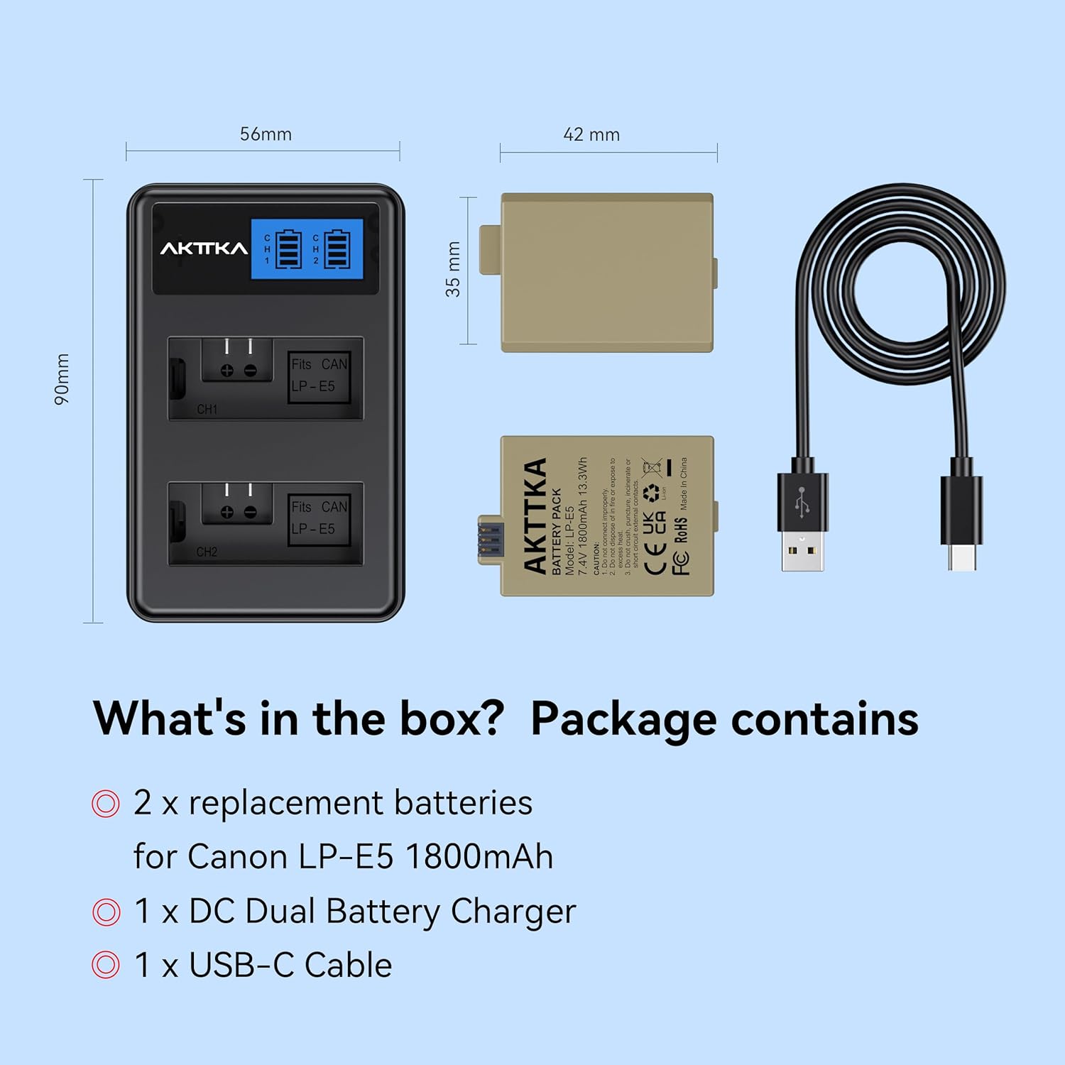 Thumbnail 6 de AKTTKA LP-E5 1800mAh (x2) con caricatore USB-C doppio con display LCD – kit completo per Canon EOS