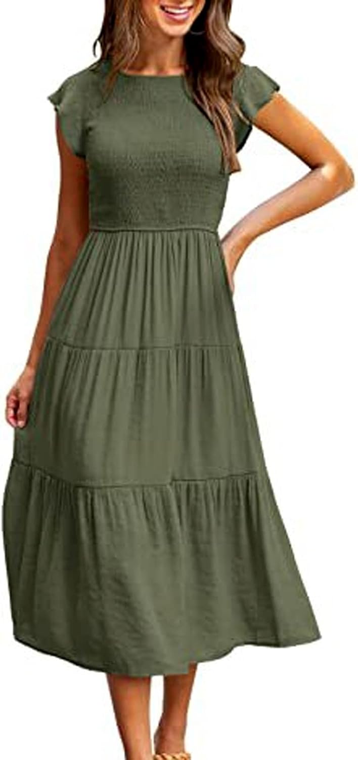 Detalle de Yuson Girl Damen Sommerkleid mit gesmokter Taille, Flatterärmeln und gerafftem Rock
