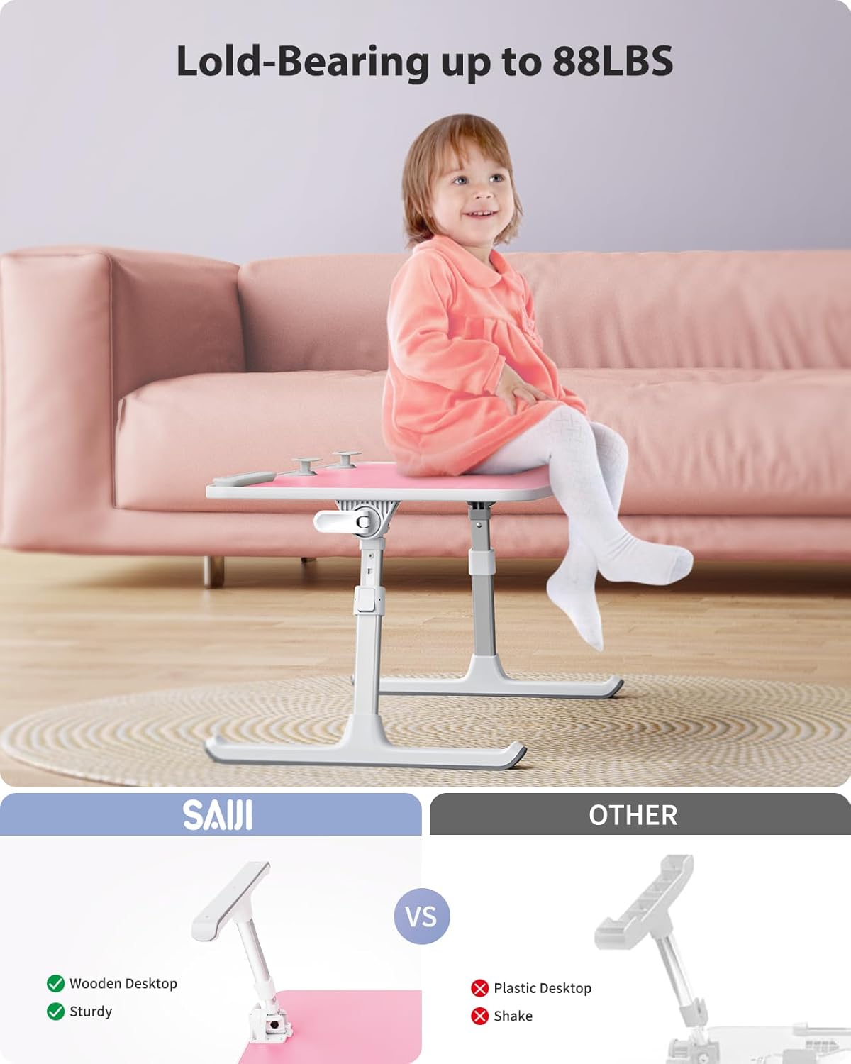 Detalle 2 de SAIJI Height & Angle Adjustable Laptop Stand for Bed (52 × 30 cm, Pink)