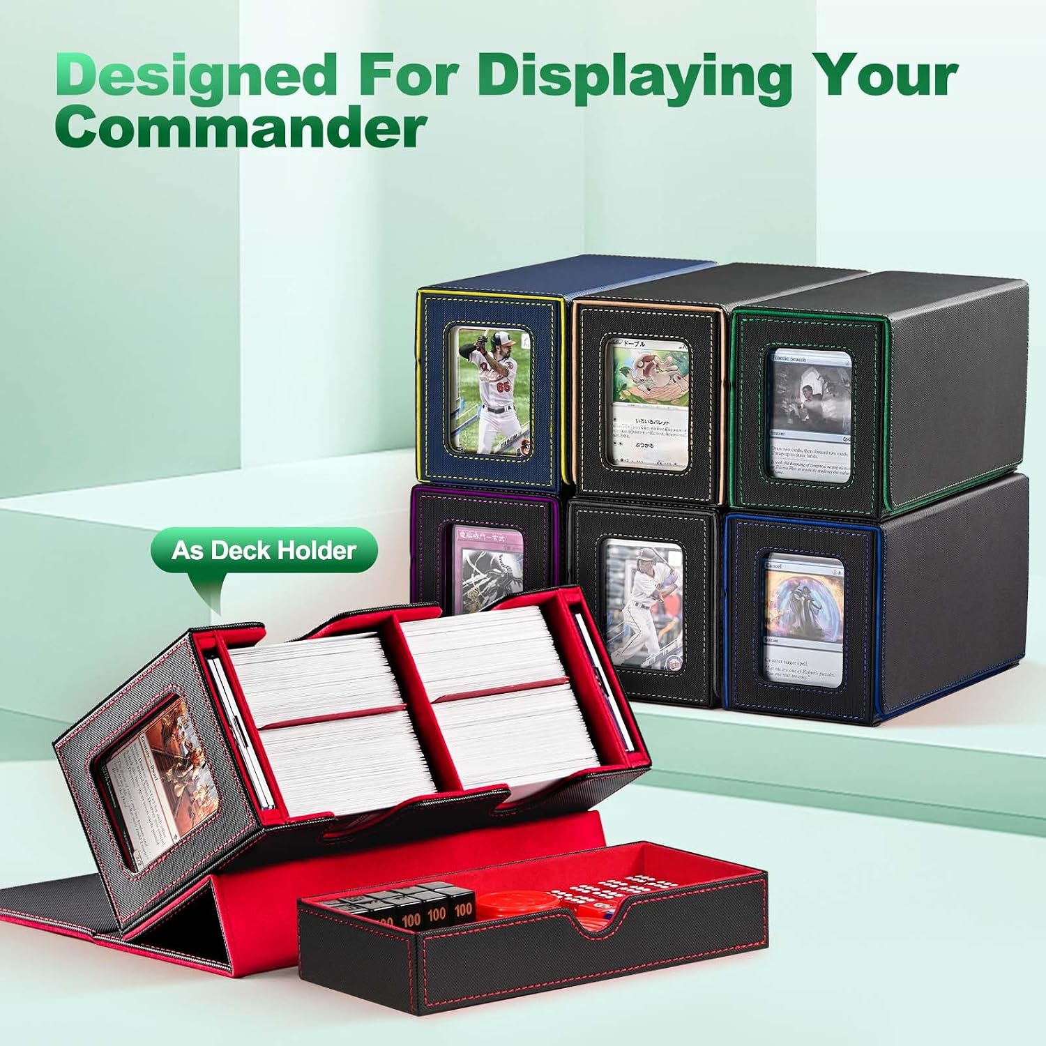 Thumbnail 5 de UAONO Karten-Organizer für MTG – Doppelkarten-Box mit Commander-Displays, Würfelablage und magnetischem Verschluss