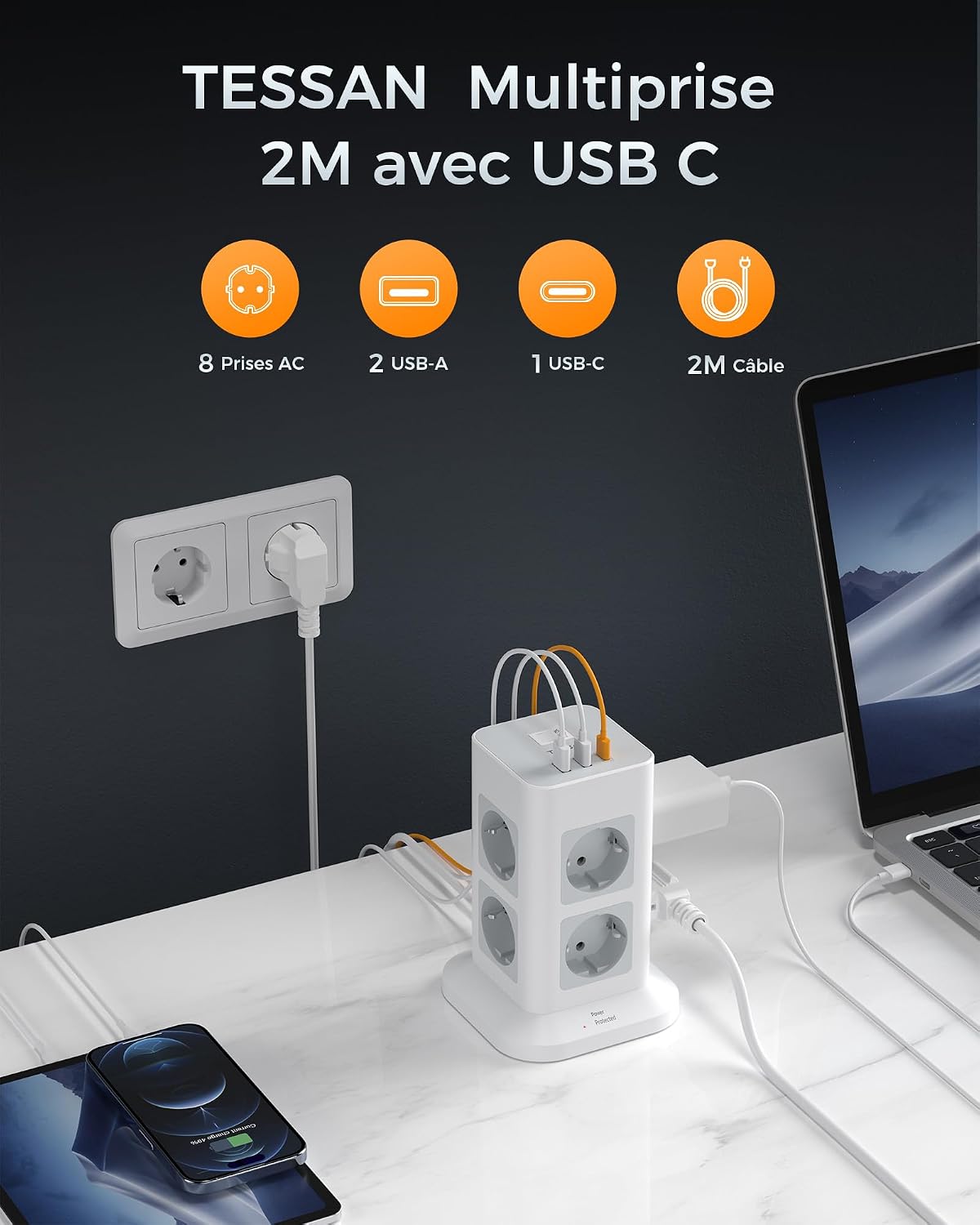 Thumbnail 1 de TESSAN 11 en 1 Multiprise avec Interrupteur et Rallonge 2 m – 8 prises + USB → 3600 W