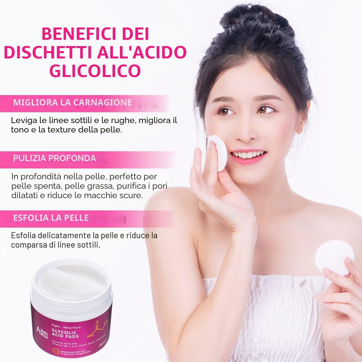 Detalle 2 de ANAi RUI Dischetti esfolianti all’acido glicolico 35% AHA Peeling Pad viso (80 pads)